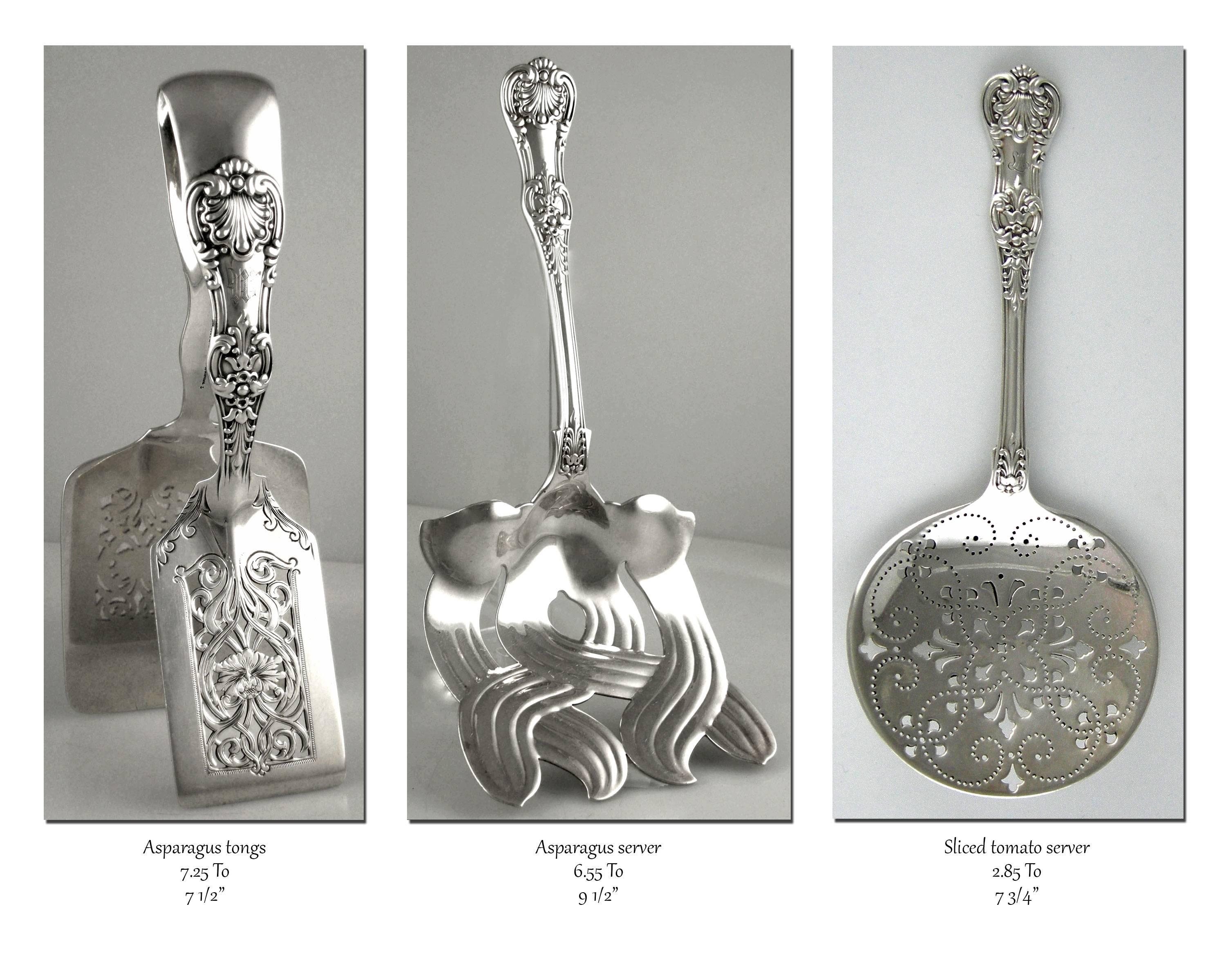 Tiffany English King 246 piece Sterling flatware set (1875-1891).

Tiffany & Co. 246 piece Sterling flatware set 
English King pattern (1875-1891) All markings before 1890.
An assembled set. Various Tiffany monograms by Tiffany.

Forks:
12