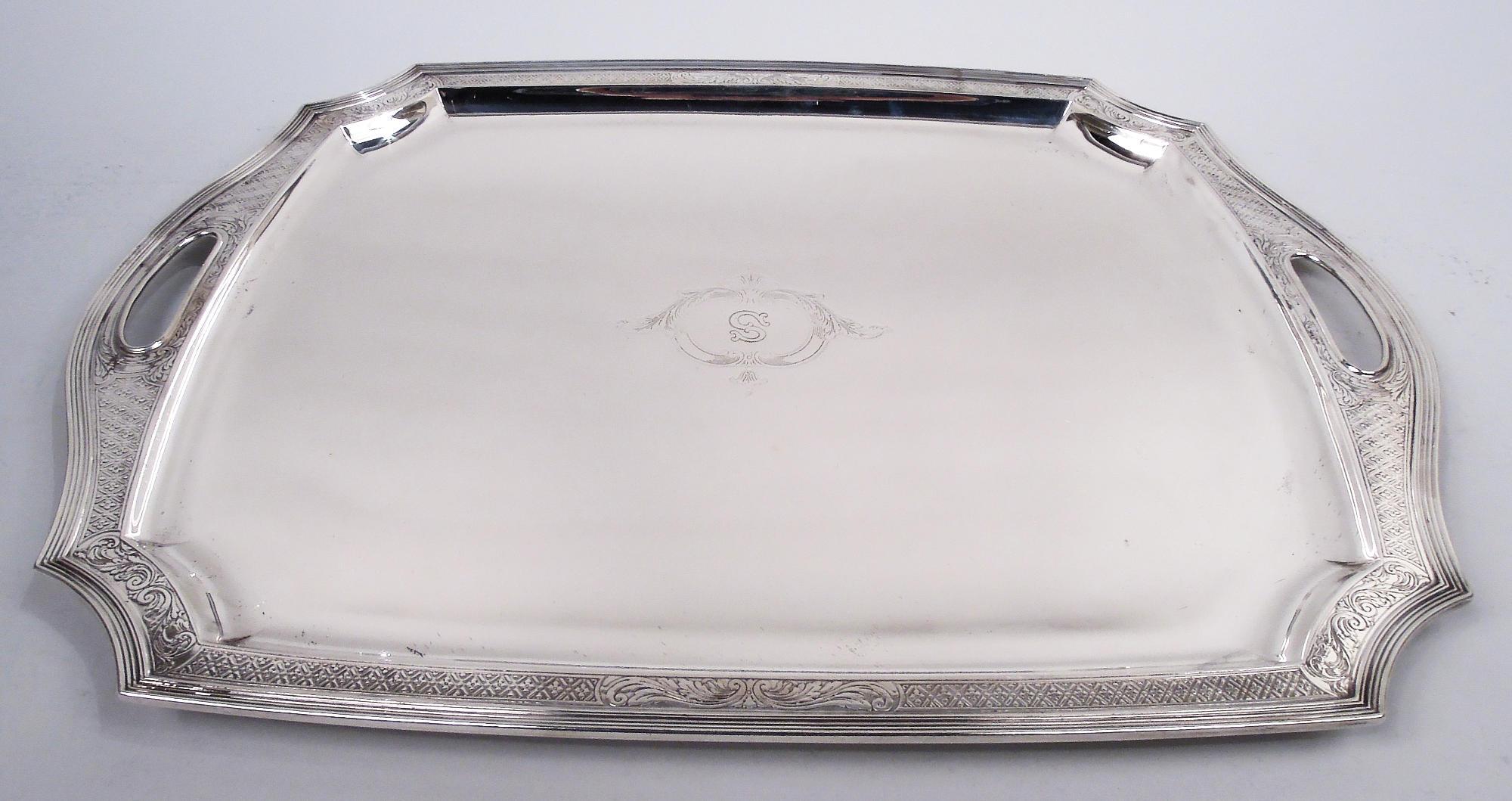 Tiffany Engraved Hampton Sterling Silver Art Deco Coffee & Tea Set on Tray For Sale 5