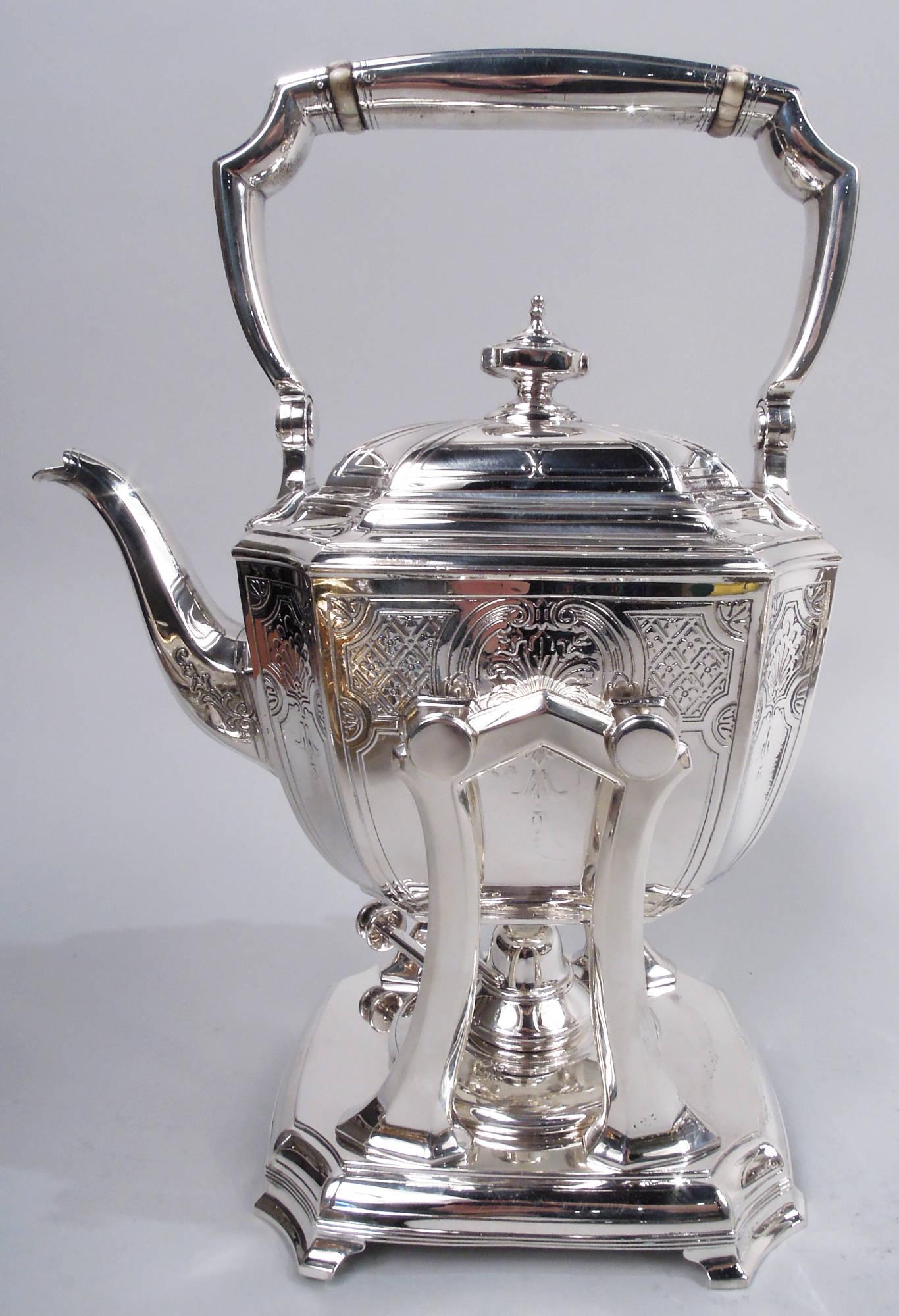 American Tiffany Engraved Hampton Sterling Silver Art Deco Coffee & Tea Set on Tray For Sale