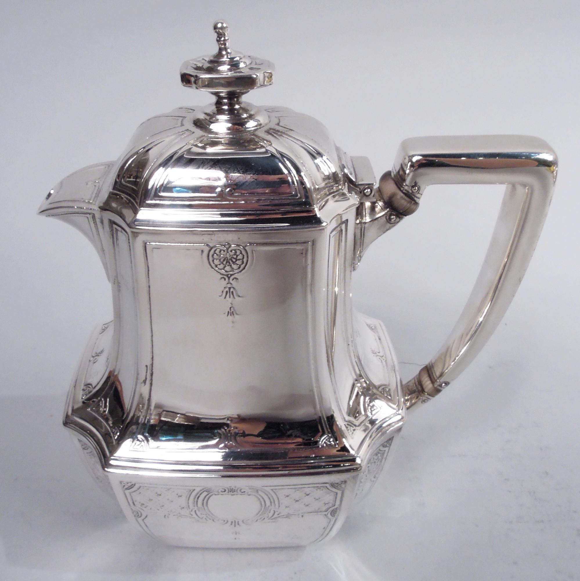 Tiffany Engraved Hampton Sterling Silver Art Deco Coffee & Tea Set on Tray For Sale 1