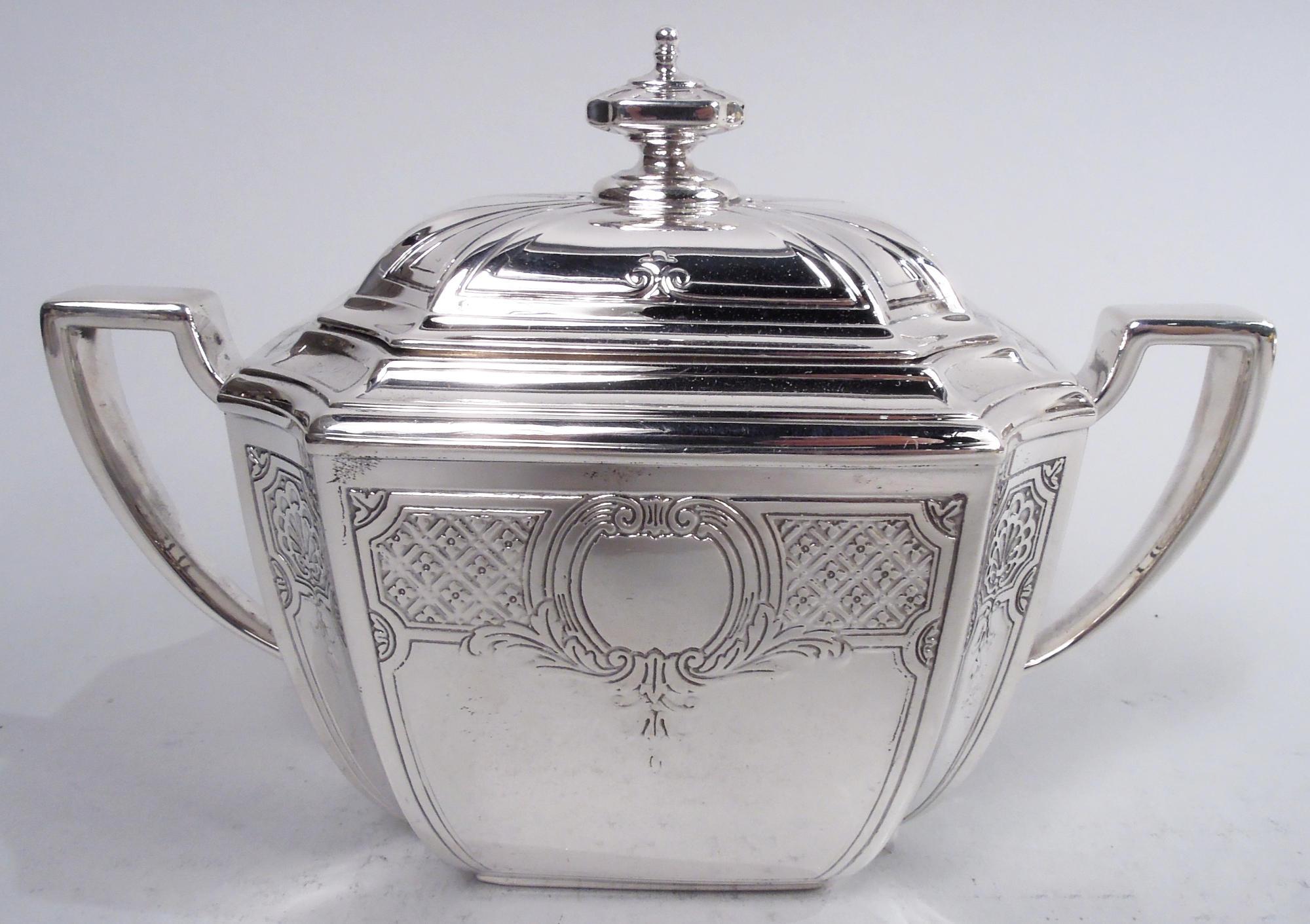 Tiffany Engraved Hampton Sterling Silver Art Deco Coffee & Tea Set on Tray For Sale 3