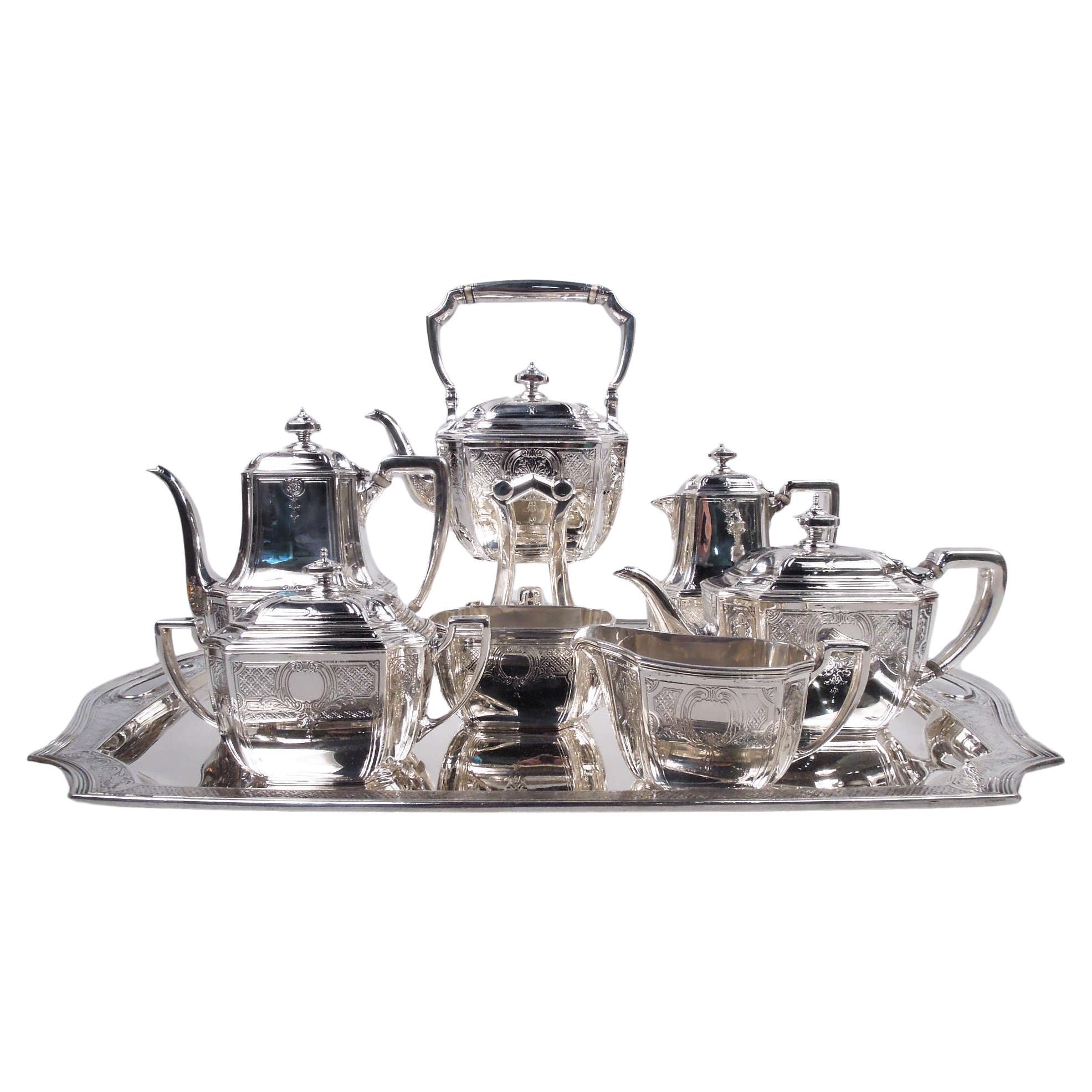 Tiffany Engraved Hampton Sterling Silver Art Deco Coffee & Tea Set on Tray For Sale
