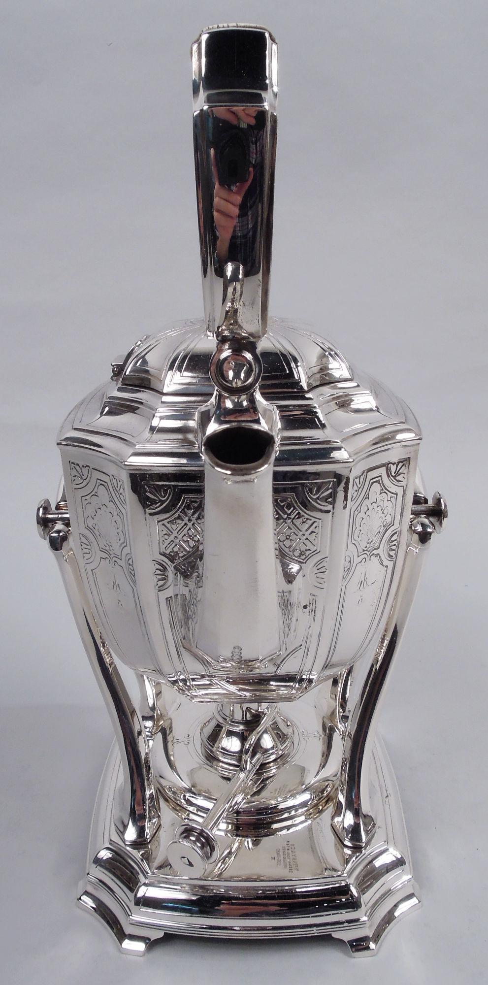 Edwardian Tiffany Engraved Hampton Sterling Silver Kettle on Stand For Sale