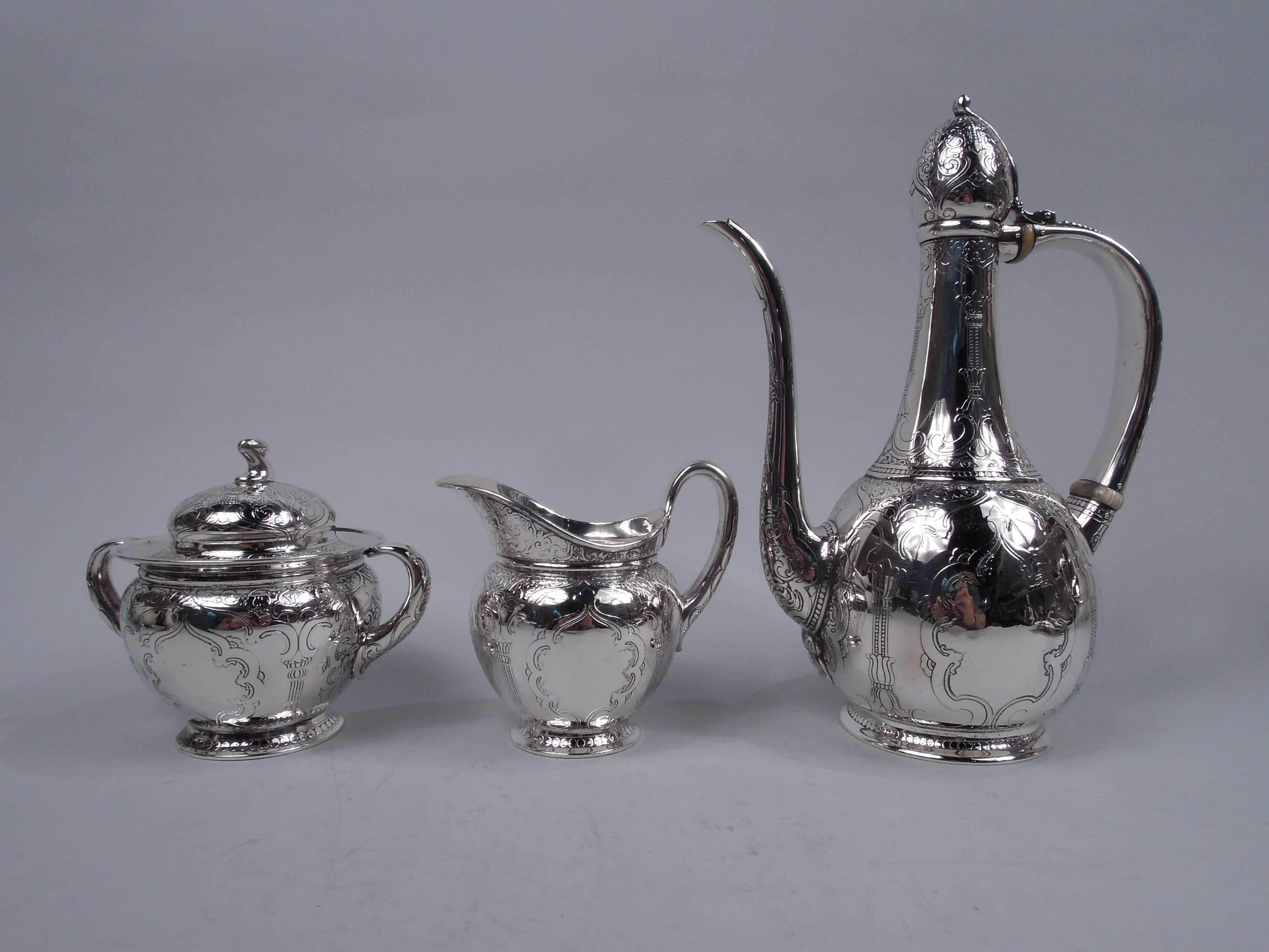 Exotic sterling silver 3-piece Turkish coffee set. Made by Tiffany & Co. in New York, ca 1910. This set comprises coffeepot, creamer, and sugar. Coffeepot: Upward tapering neck and round bowl. Ovoid ball cover hinged-mounted to c-scroll handle