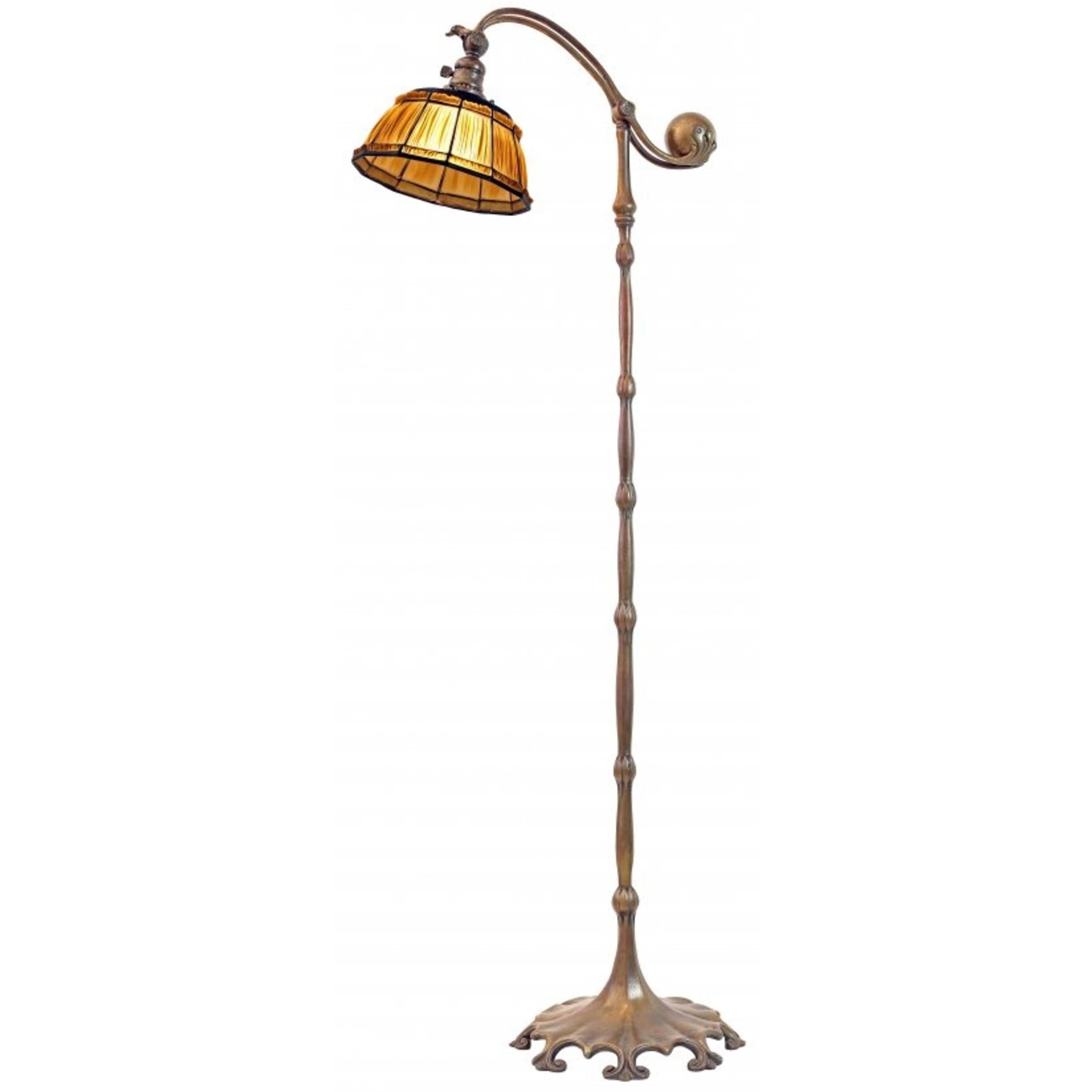 Tiffany Favrile Glass and Bronze Linenfold Counter-Balance Floor Lamp