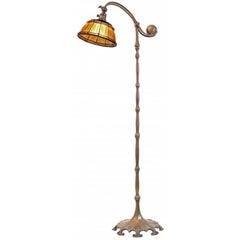 Vintage Tiffany Favrile Glass and Bronze Linenfold Counter-Balance Floor Lamp