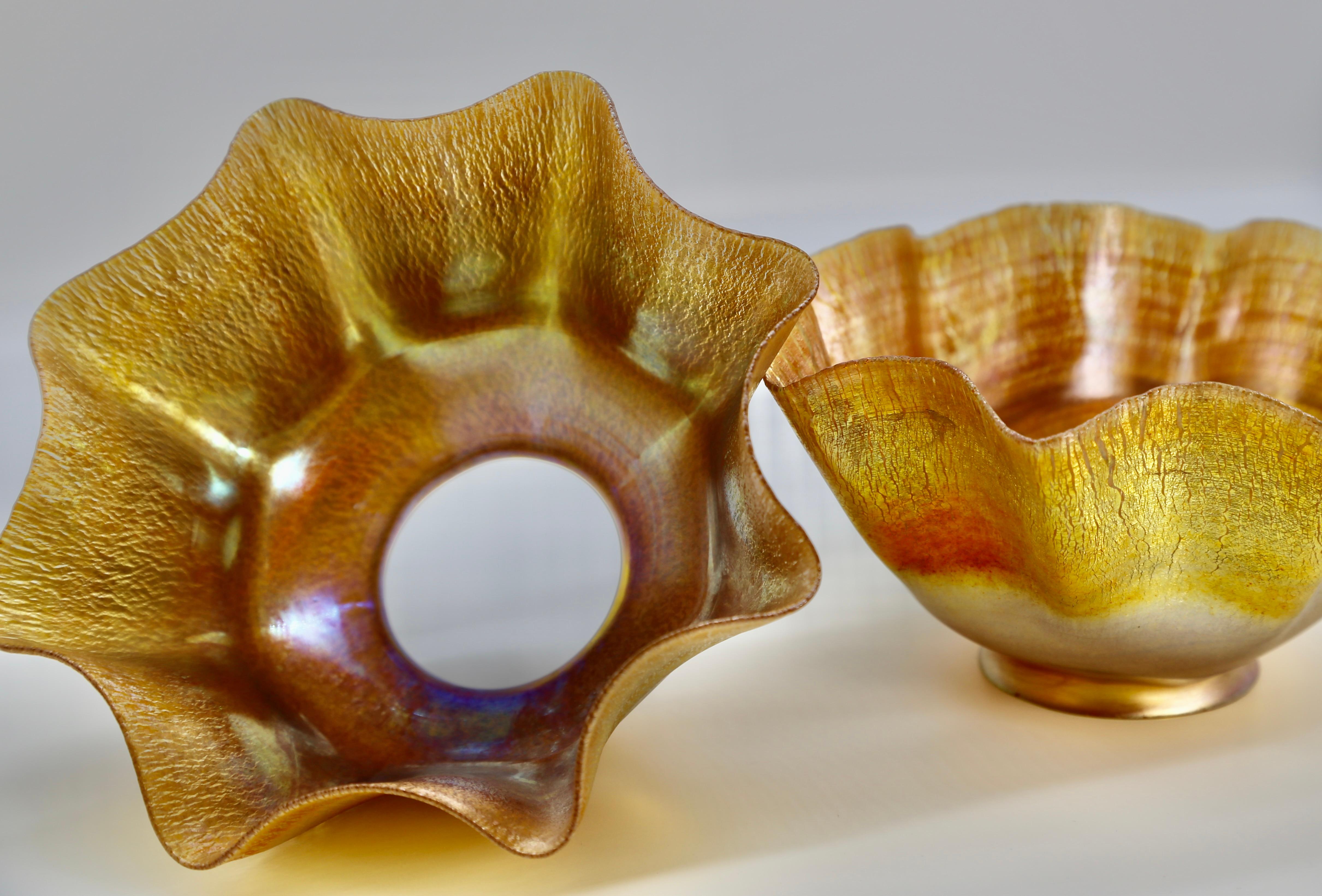 Art Nouveau Tiffany Favrile Glass Candle Shades Pair Iridescent Gold Original 1900 For Sale
