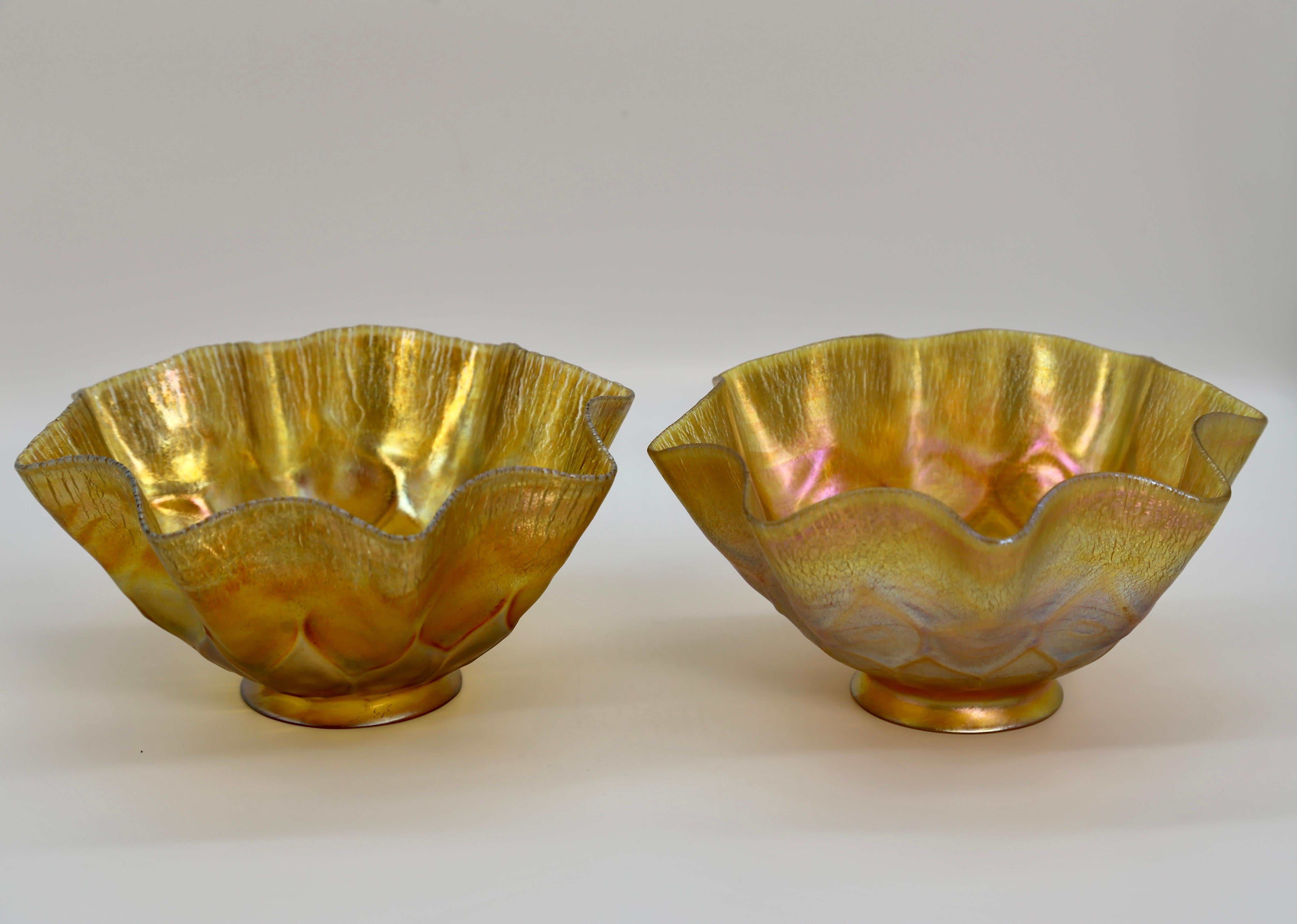 American Tiffany Favrile Glass Candle Shades Pair Iridescent Gold Original 1900 For Sale