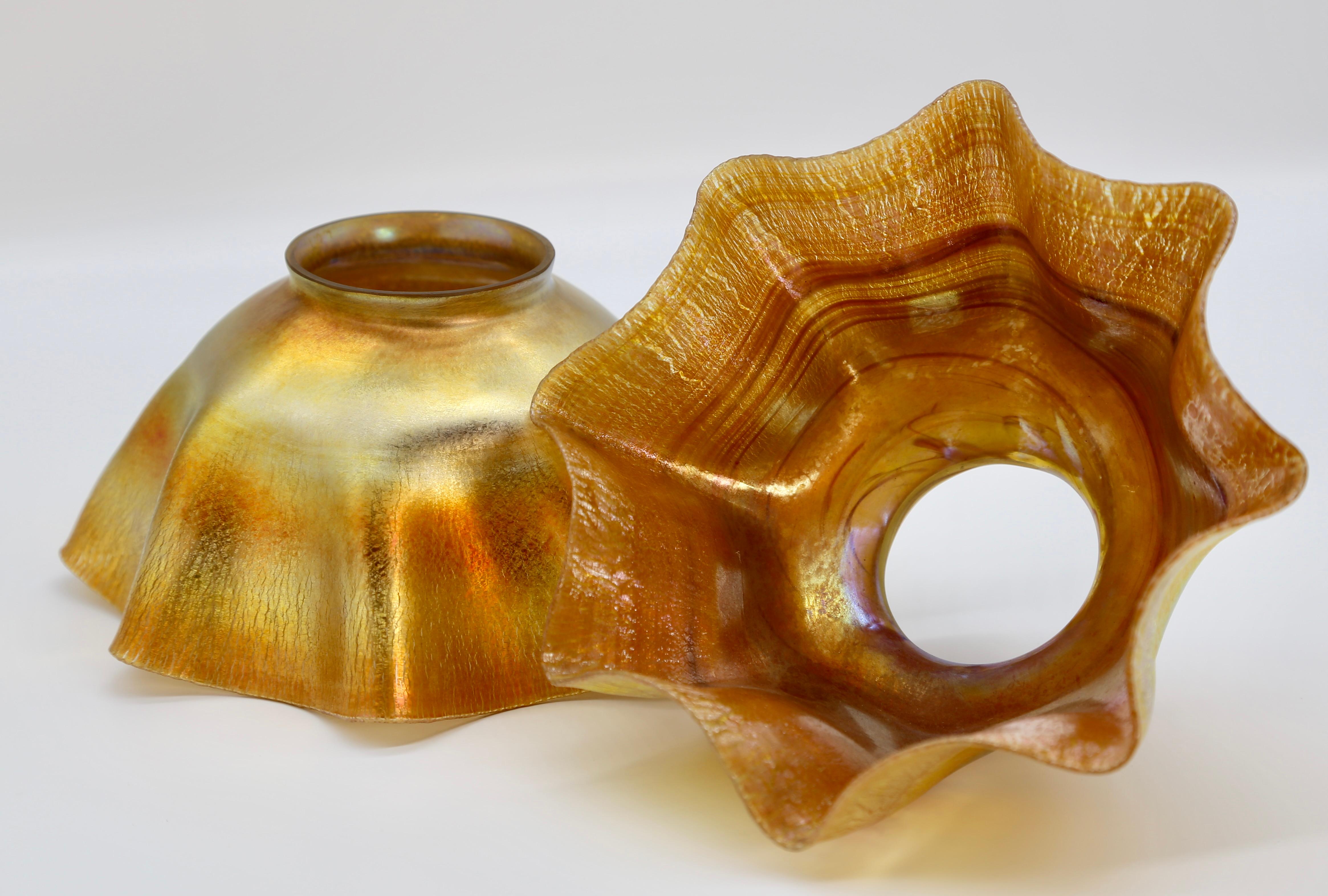 American Tiffany Favrile Glass Candle Shades Pair Iridescent Gold Original 1900 For Sale