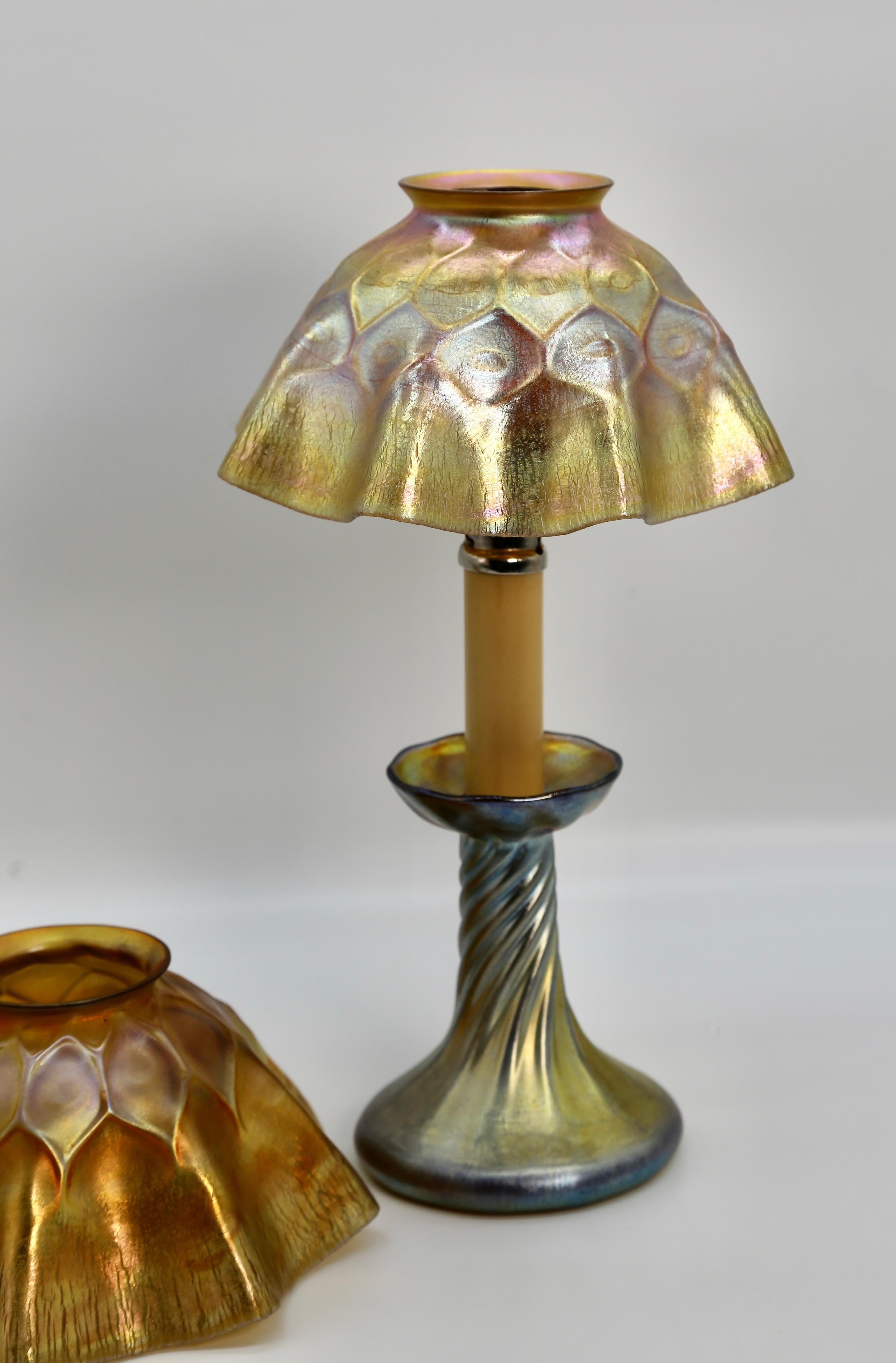 Tiffany Favrile Glass Candle Shades Pair Iridescent Gold Original 1900 In Excellent Condition For Sale In Glenford, NY
