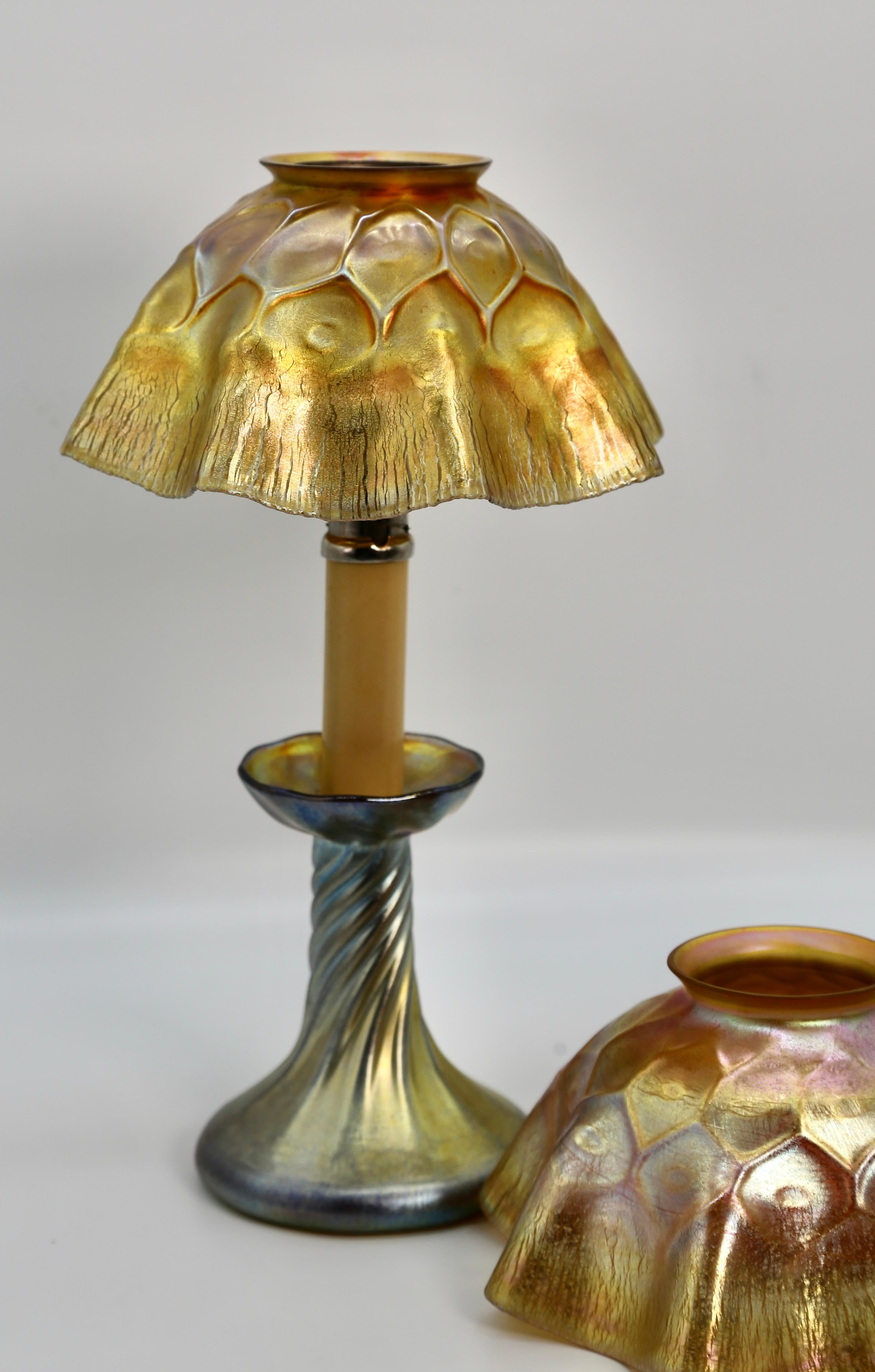 Early 20th Century Tiffany Favrile Glass Candle Shades Pair Iridescent Gold Original 1900 For Sale