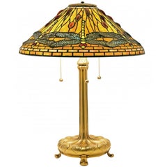 Antique Tiffany Favrille Glass & Bronze Jeweled Dragonfly Table Lamp on Gilt Bronze Base