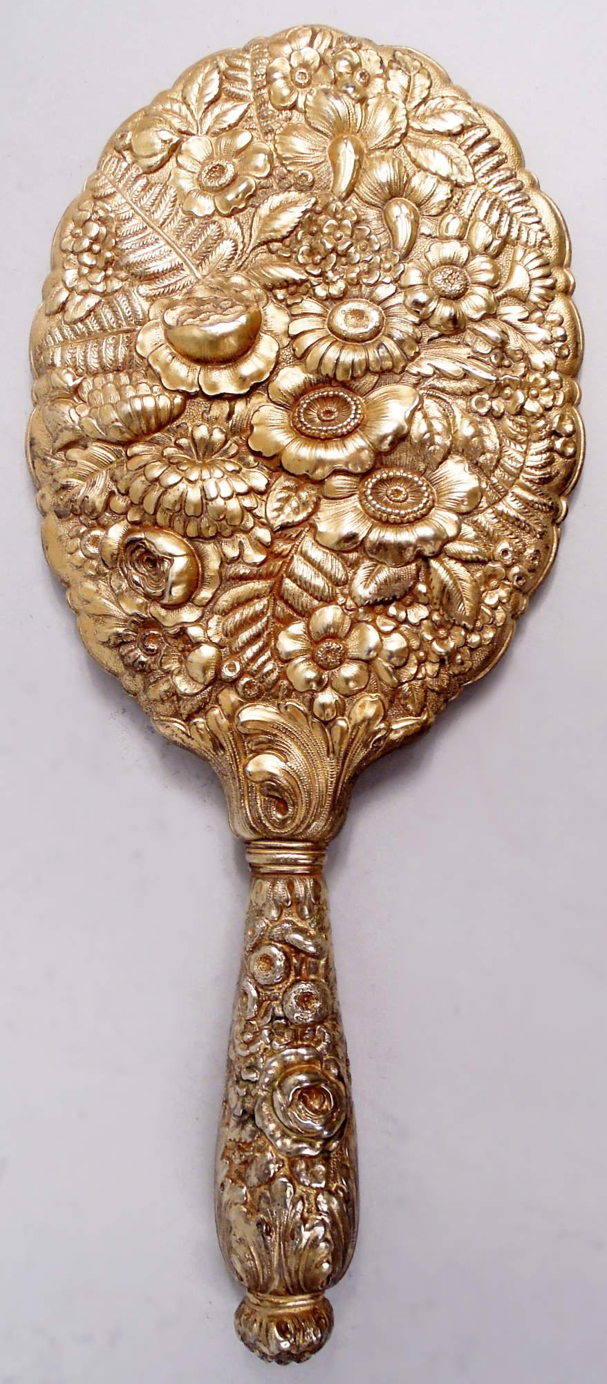 Vittoriano Coppia di vanità Tiffany Felce e Fiore con specchio a mano e spazzola per capelli in vendita