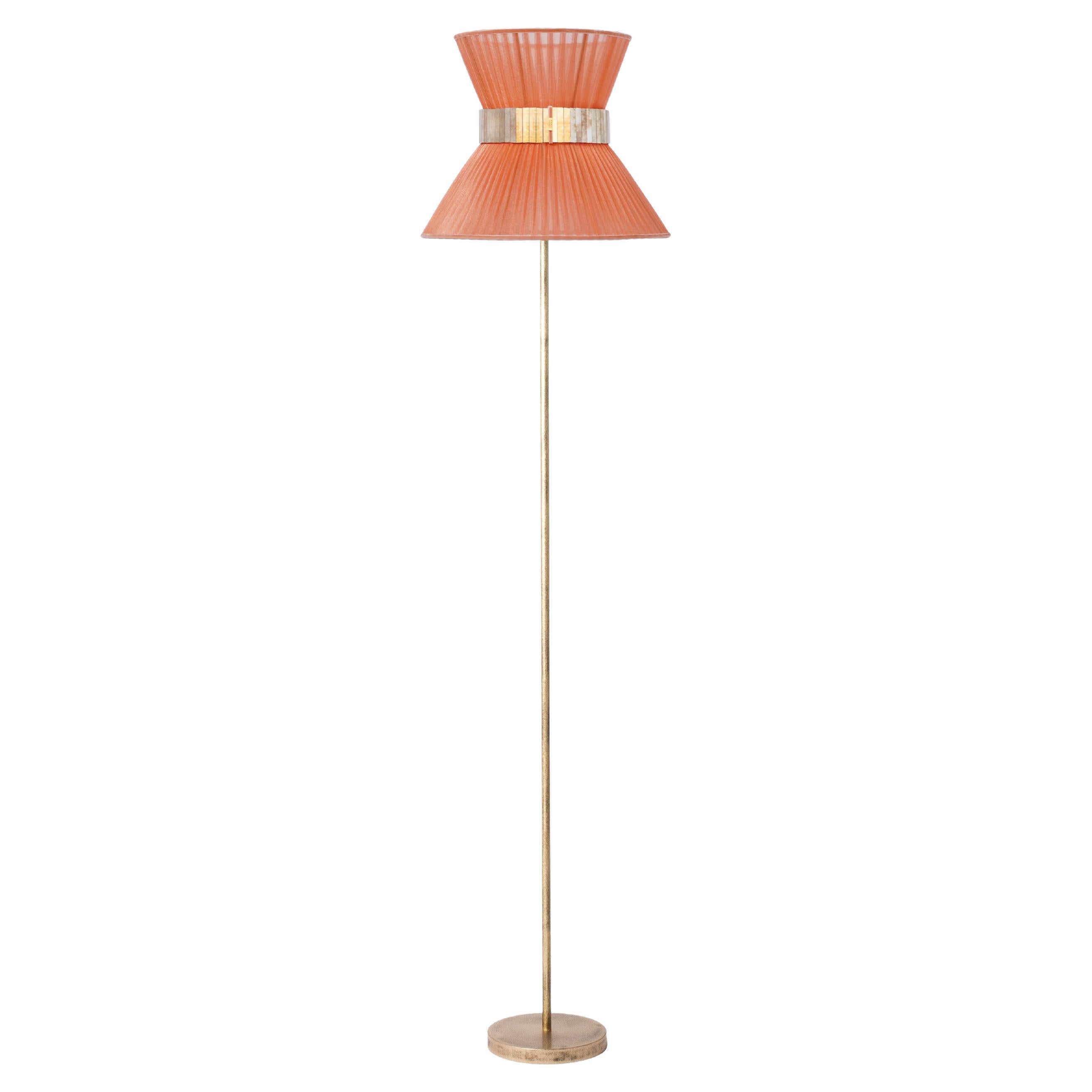 "Tiffany" Floor Lamp 30 Koral Silk, Antiqued Silvered Glass, Brass For Sale