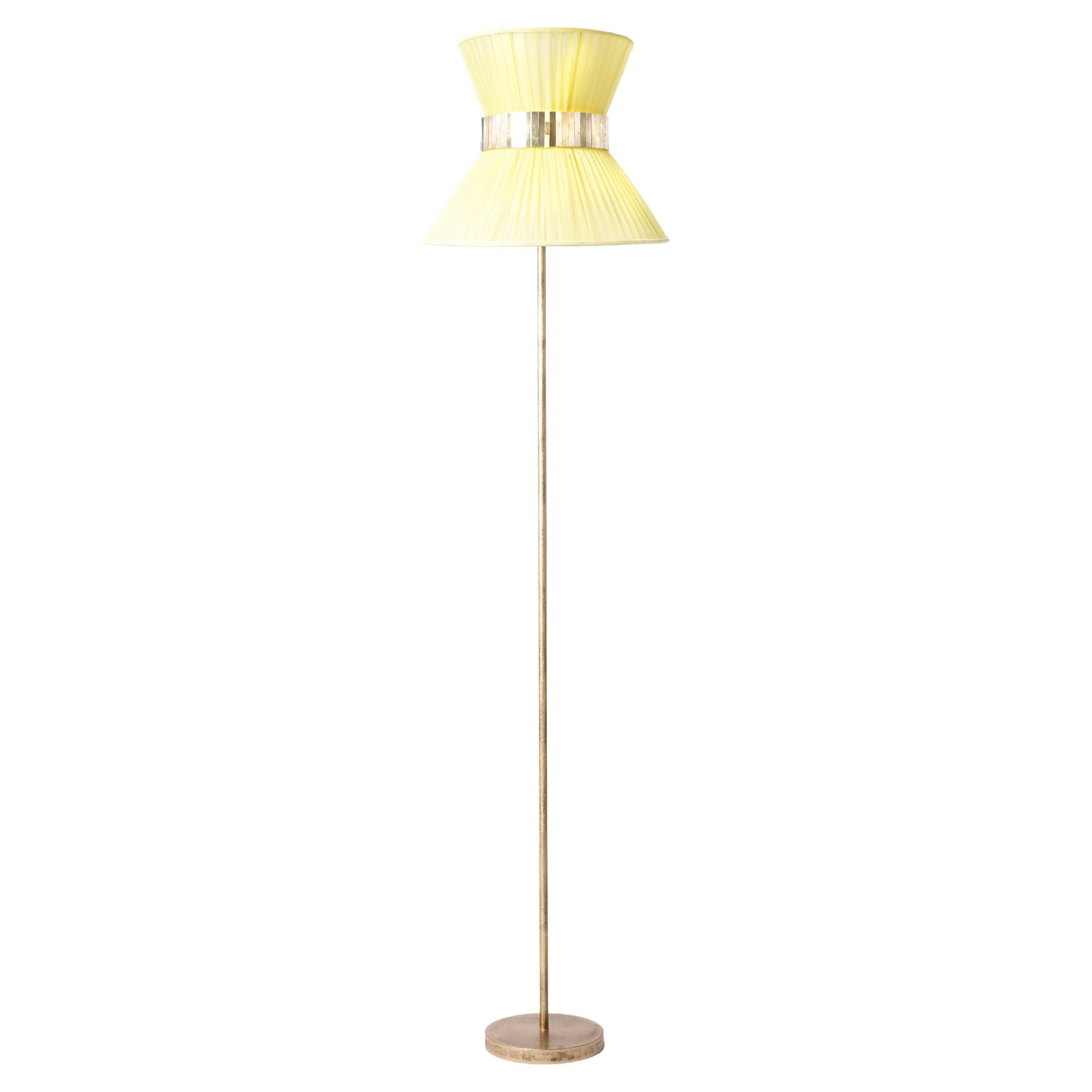 "Tiffany" Floor Lamp 30 Lemon Silk, Antiqued Silvered Glass, Brass For Sale