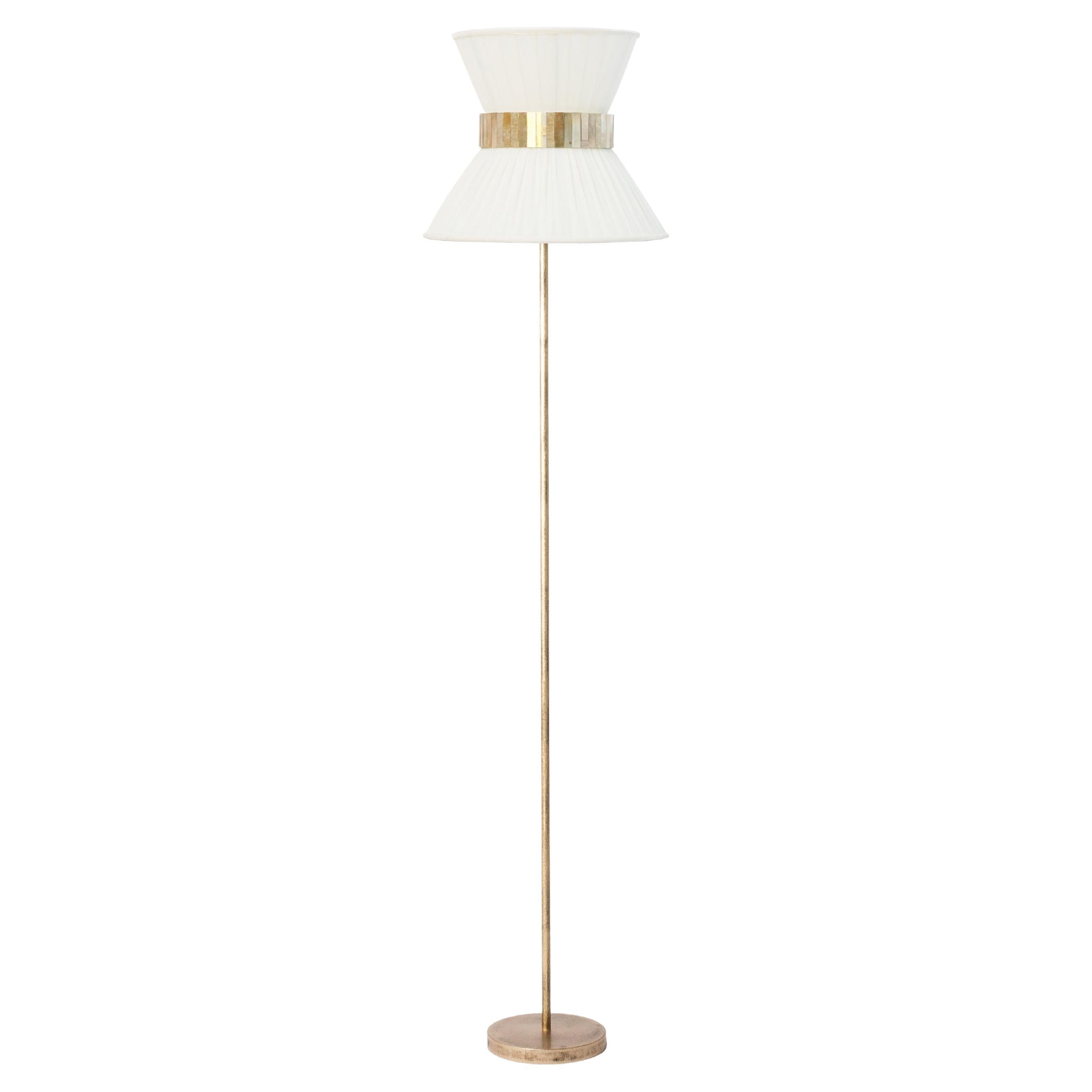 "Tiffany" Floor Lamp 30 ivory Silk, Antiqued Silvered Glass, Brass For Sale