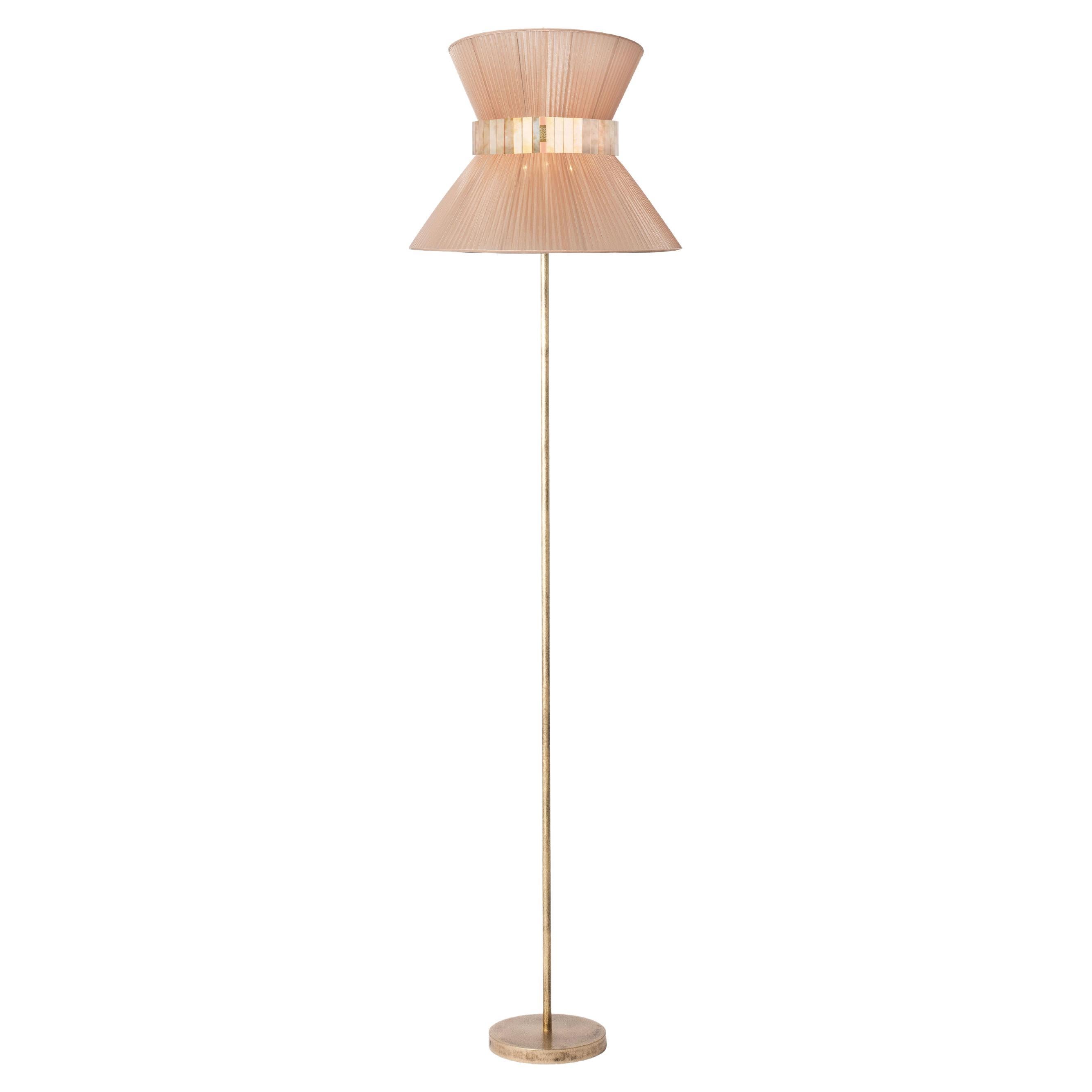 "Tiffany" Floor Lamp 30 Powder Silk, Antiqued Silvered Glass, Brass For Sale
