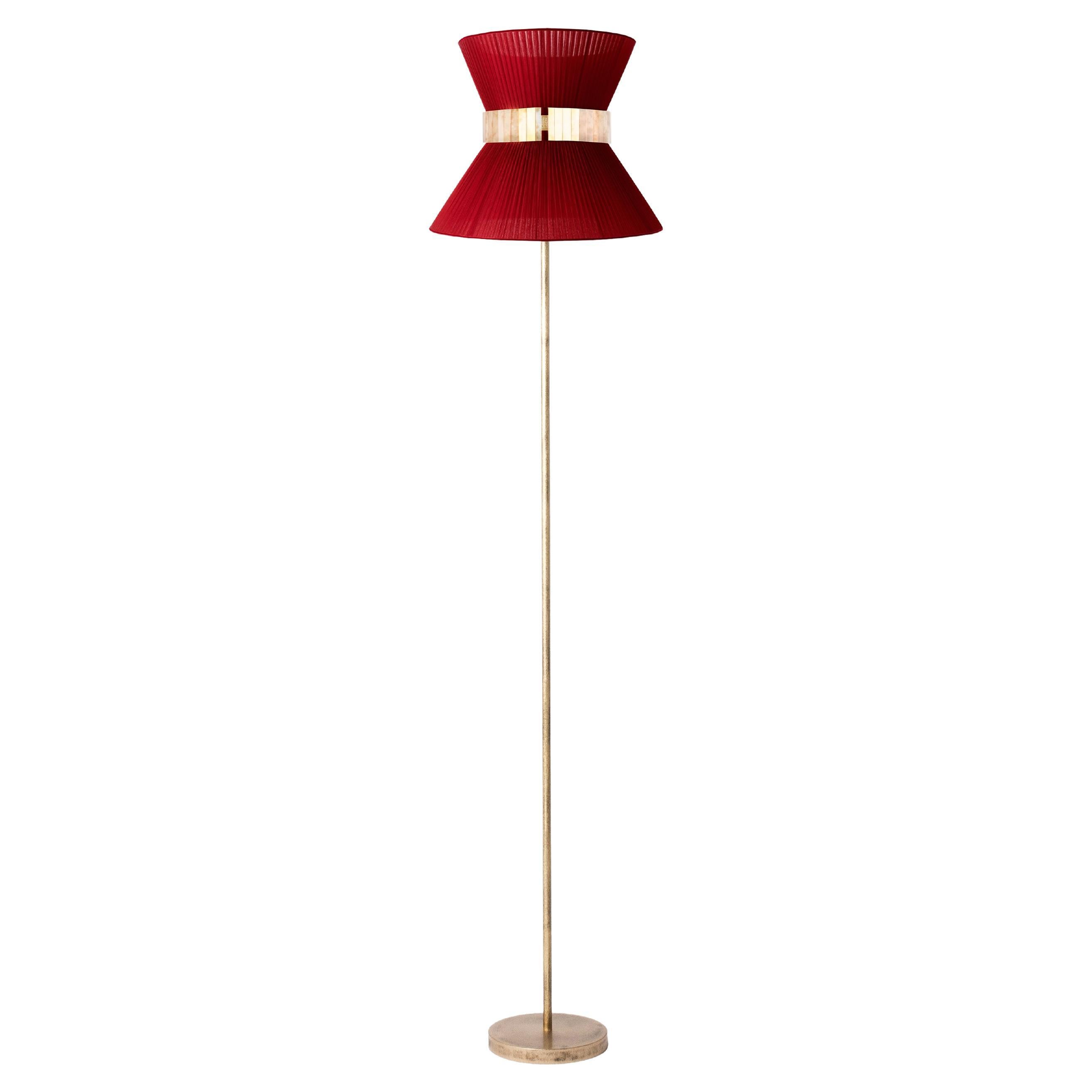 "Tiffany" Floor Lamp 30 Red-Heart Silk, Antiqued Silvered Glass, Brass For Sale