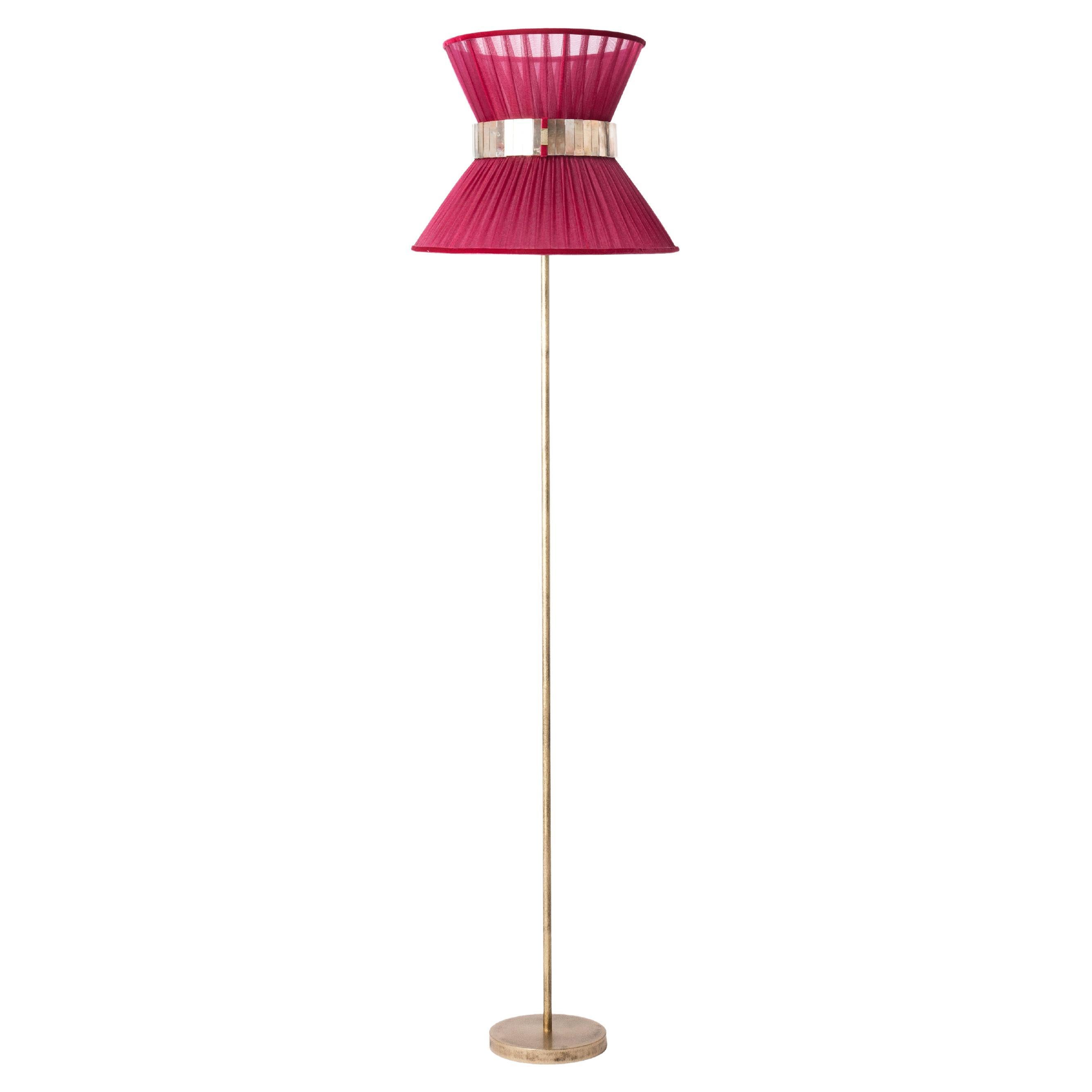 "Tiffany" Floor Lamp 30 Ruby Silk, Antiqued Silvered Glass, Brass For Sale