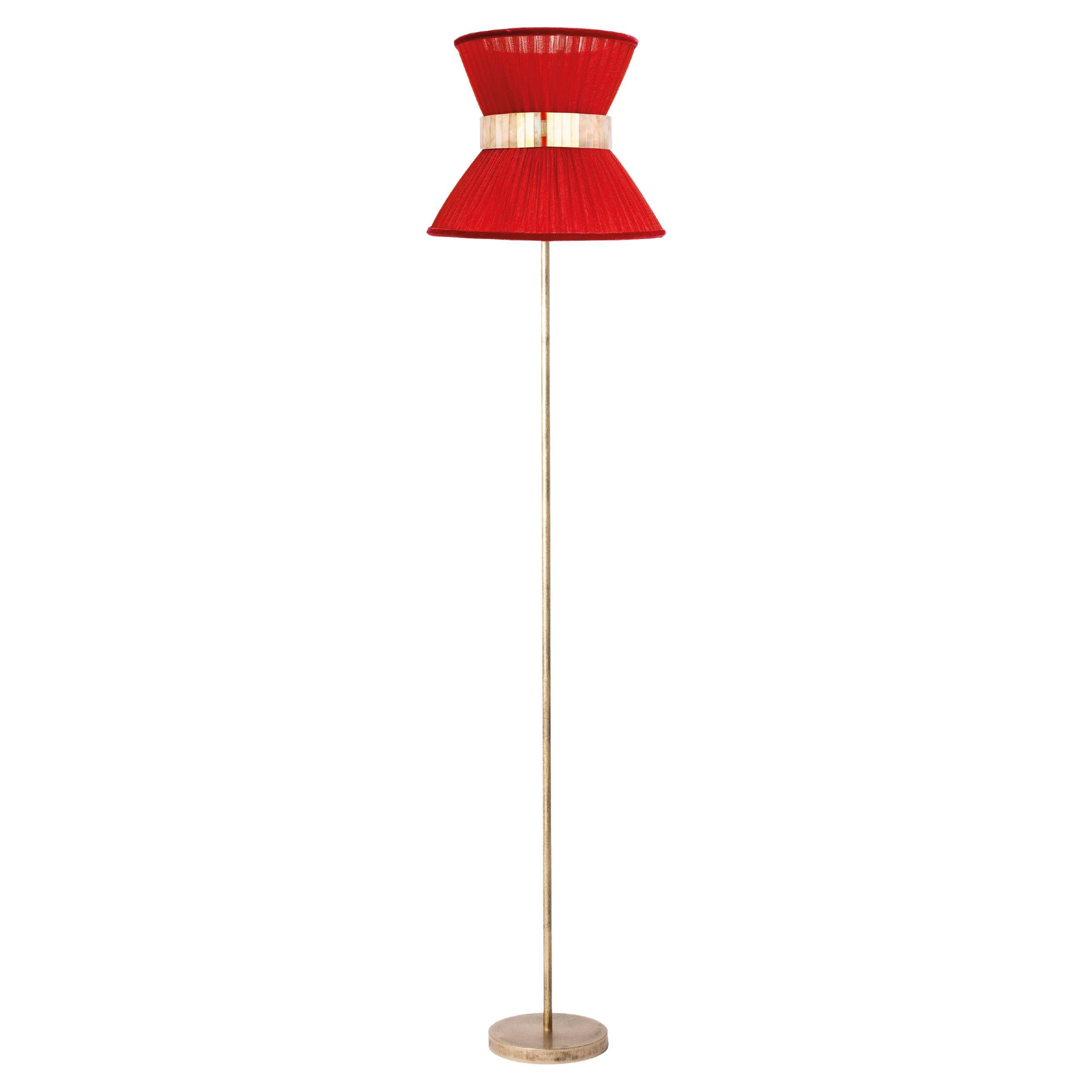 "Tiffany" Floor Lamp 30 Rust-Red Silk, Antiqued Silvered Glass, Brass For Sale