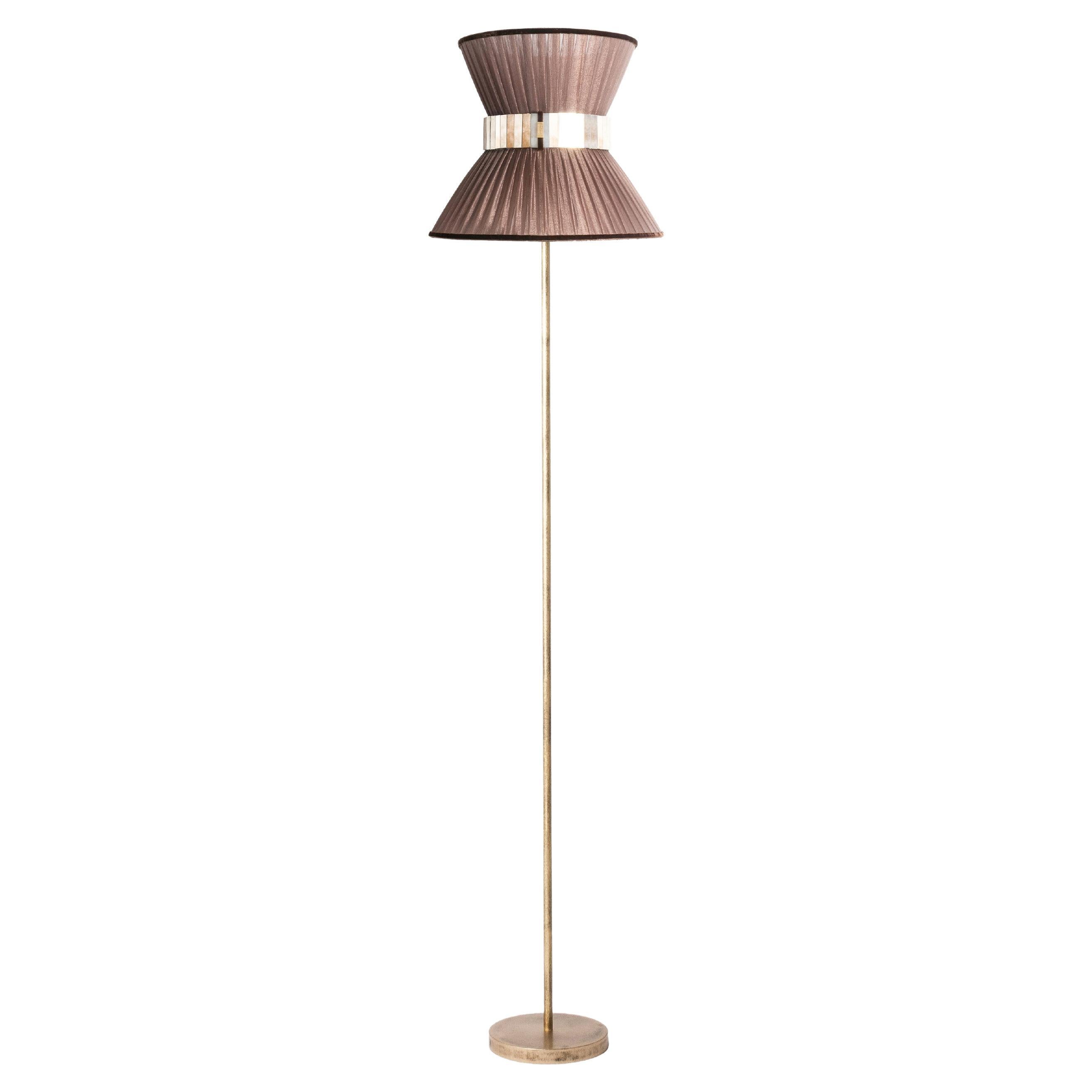 "Tiffany" Floor Lamp 30 Tobacco Silk, Antiqued Silvered Glass, Brass For Sale
