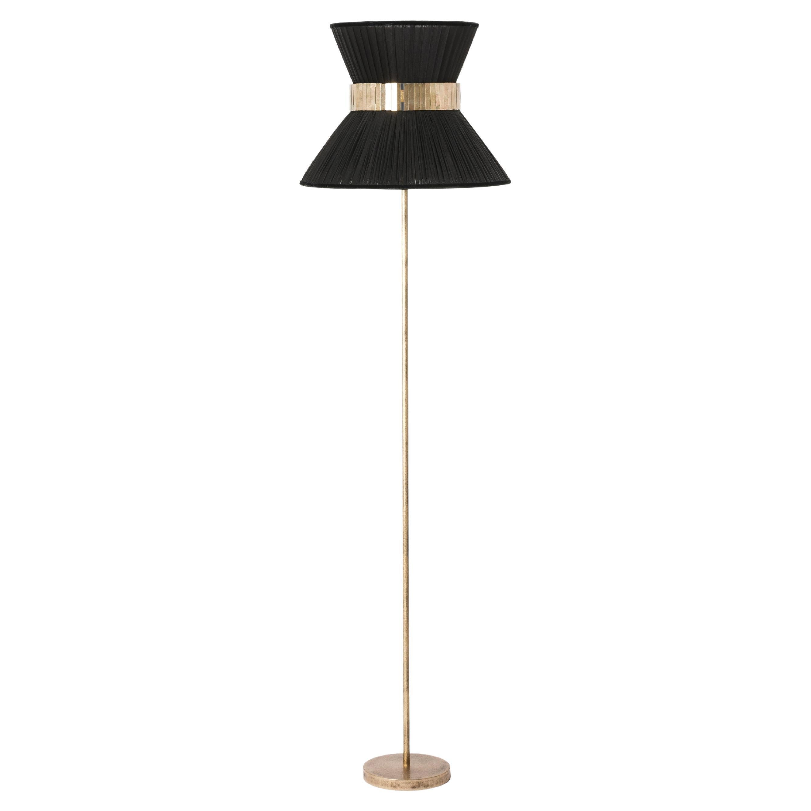 "Tiffany" Floor Lamp 40 Black Silk, Antiqued Silvered Glass, Brass For Sale