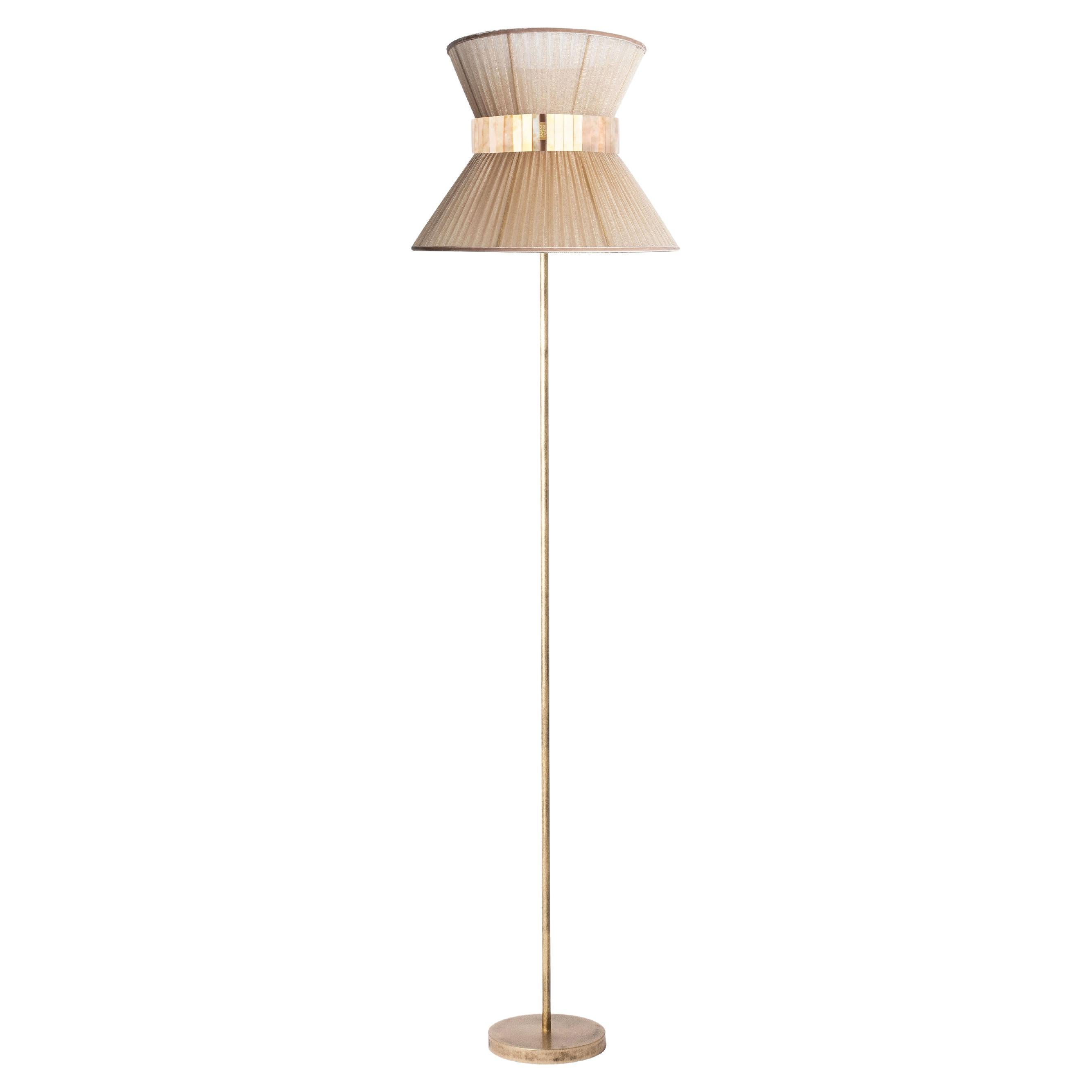 "Tiffany" Floor Lamp 40 Gold Silk, Antiqued Silvered Glass, Brass For Sale