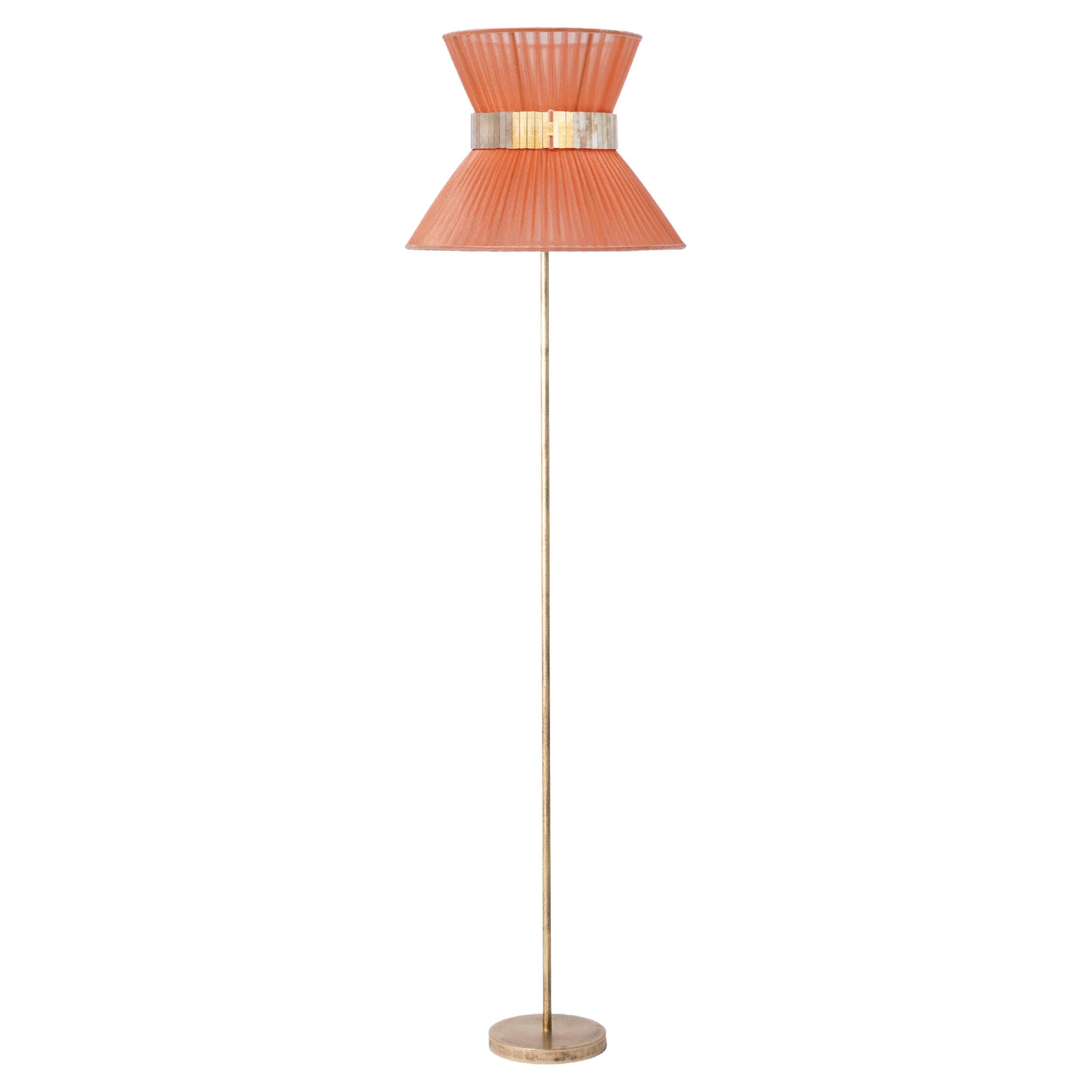 "Tiffany" Floor Lamp 40 Koral Silk, Antiqued Silvered Glass, Brass For Sale