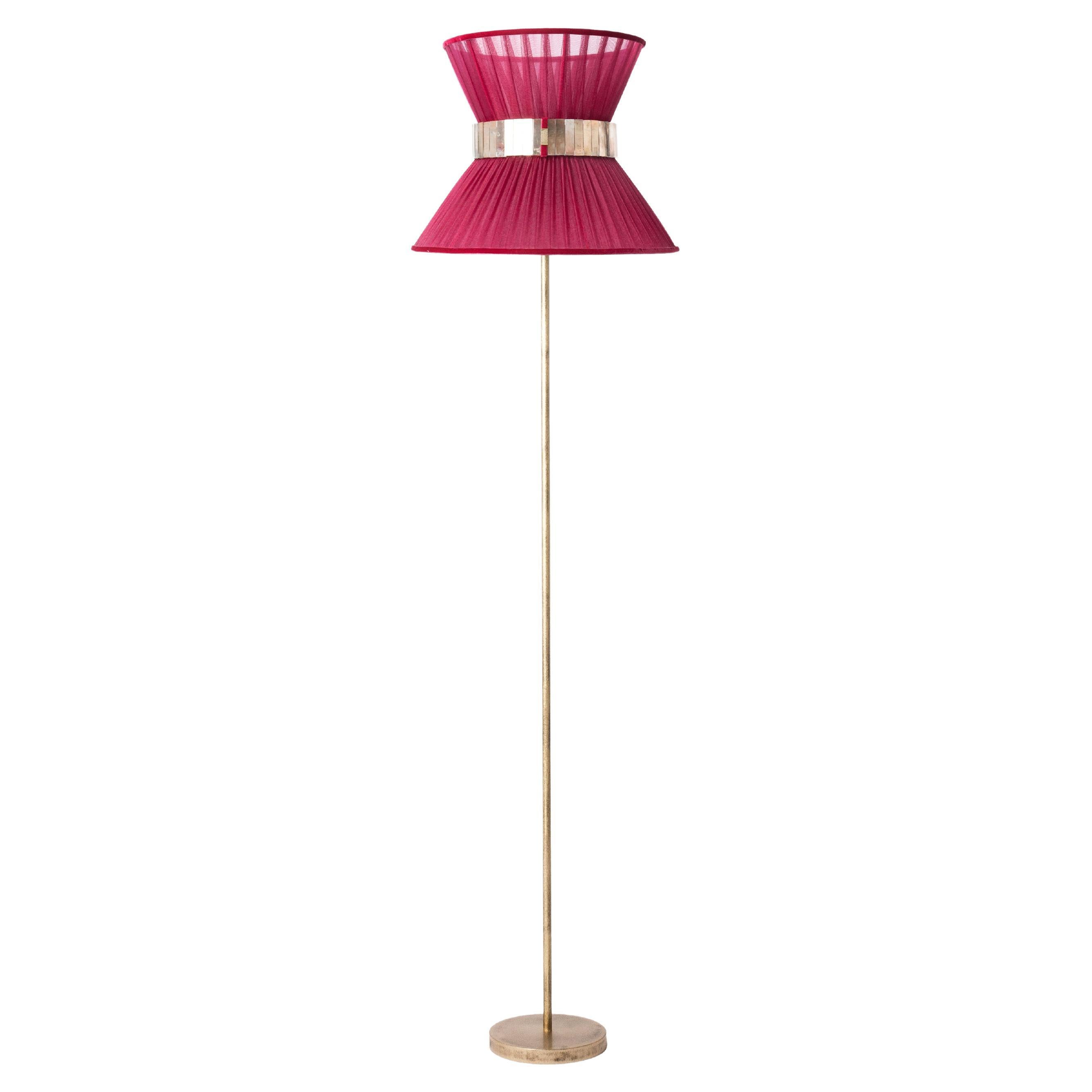 "Tiffany" Floor Lamp 40 Ruby Silk, Antiqued Silvered Glass, Brass For Sale