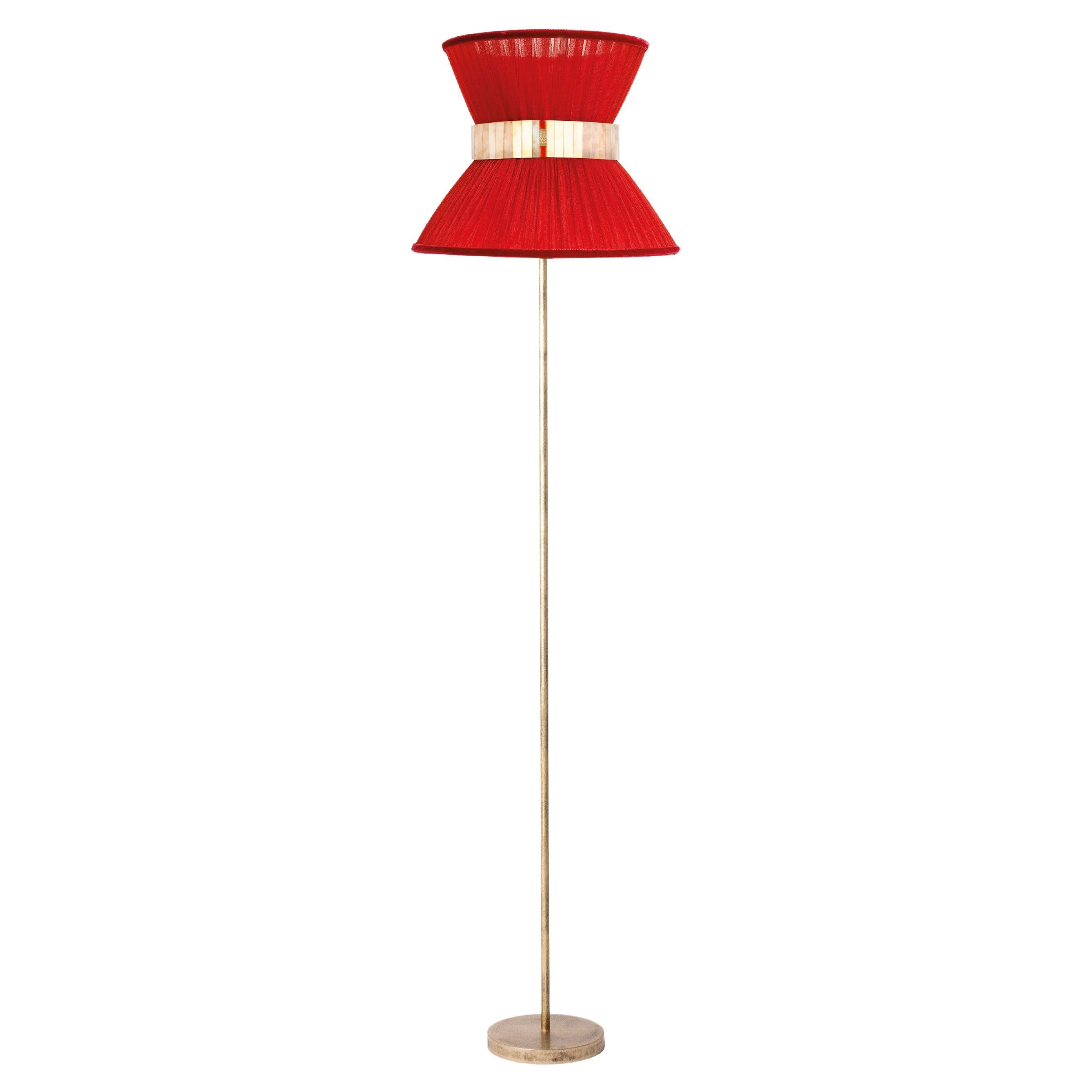 "Tiffany" Floor Lamp 40 Rust-Red Silk, Antiqued Silvered Glass, Brass For Sale