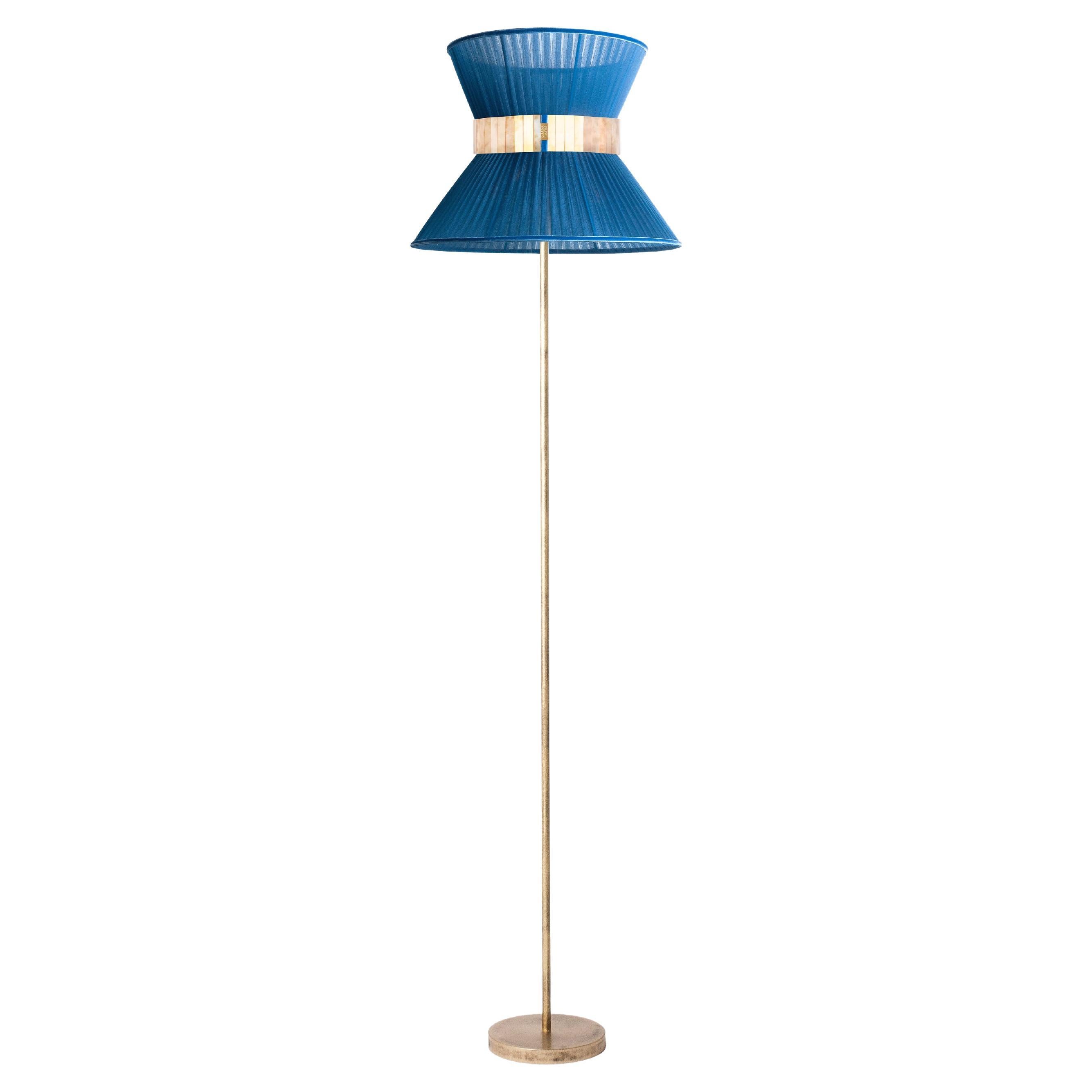 "Tiffany" Floor Lamp 40 Sapphire, Antiqued Silvered Glass, Brass For Sale