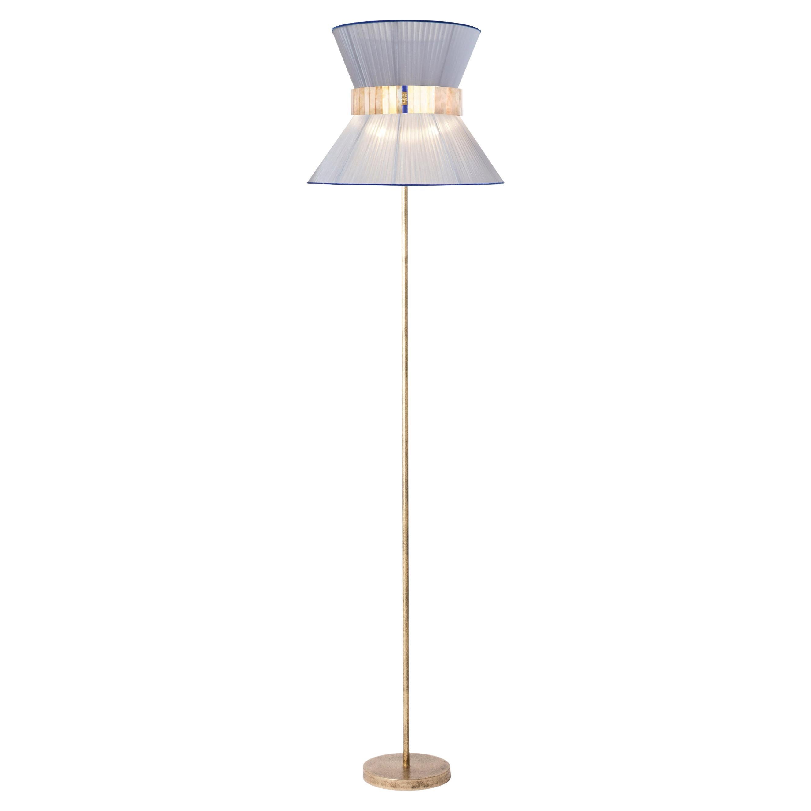 "Tiffany" Floor Lamp 40 Silver-Blue Silk, Antiqued Silvered Glass, Brass For Sale