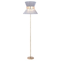 Lampadaire "Tiffany" 40 en soie bleue, verre argenté vieilli, laiton