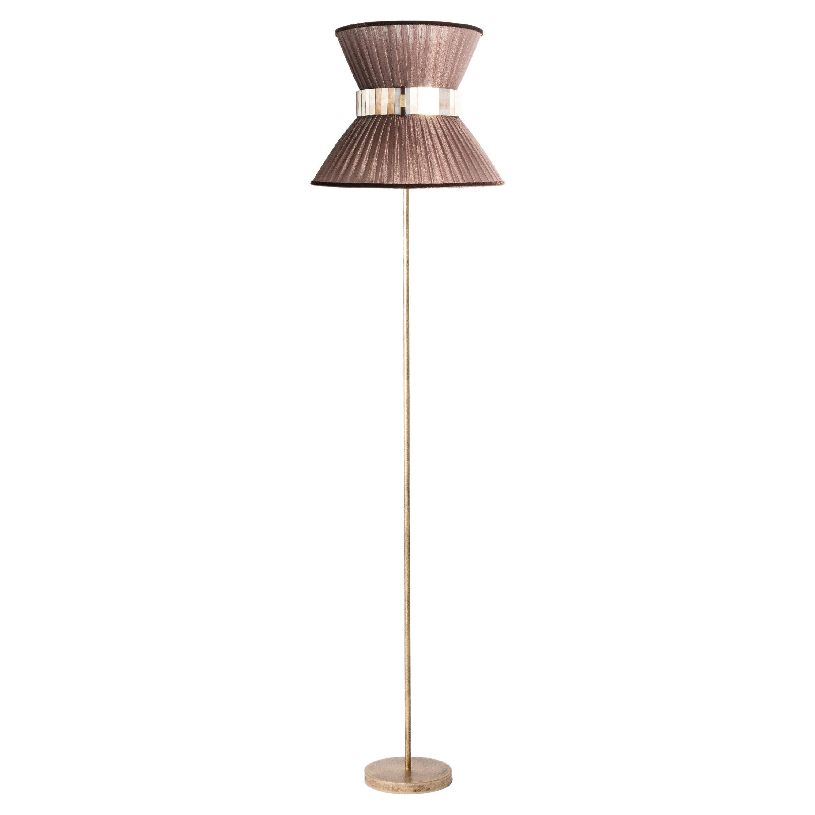 "Tiffany" Floor Lamp 40 Tobacco Silk, Antiqued Silvered Glass, Brass For Sale