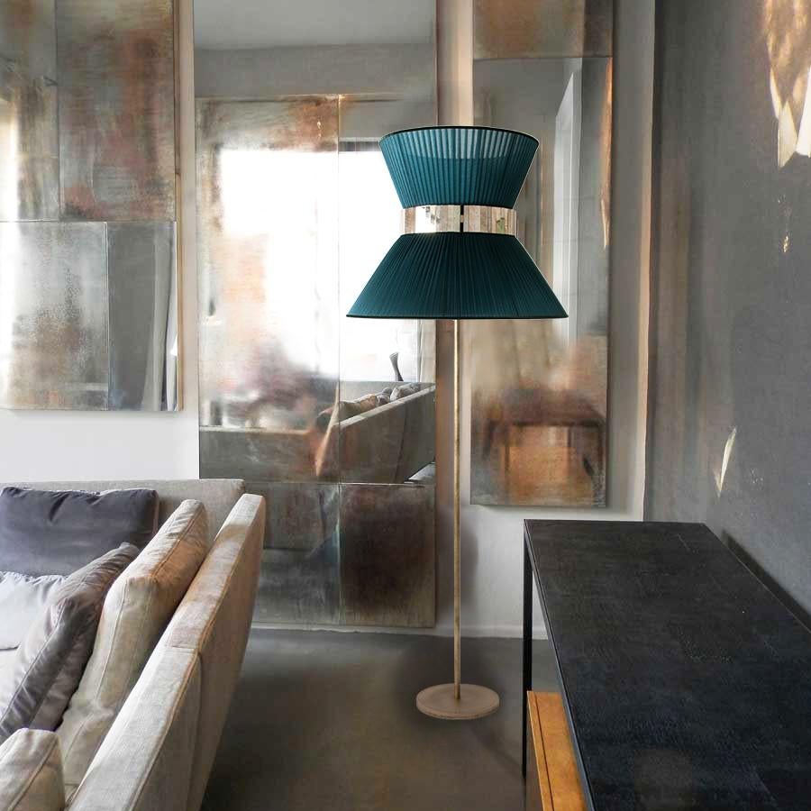 Italian Tiffany Floor Lamp 80 Cypress Silk, Antiqued Brass, Silvered Glass For Sale