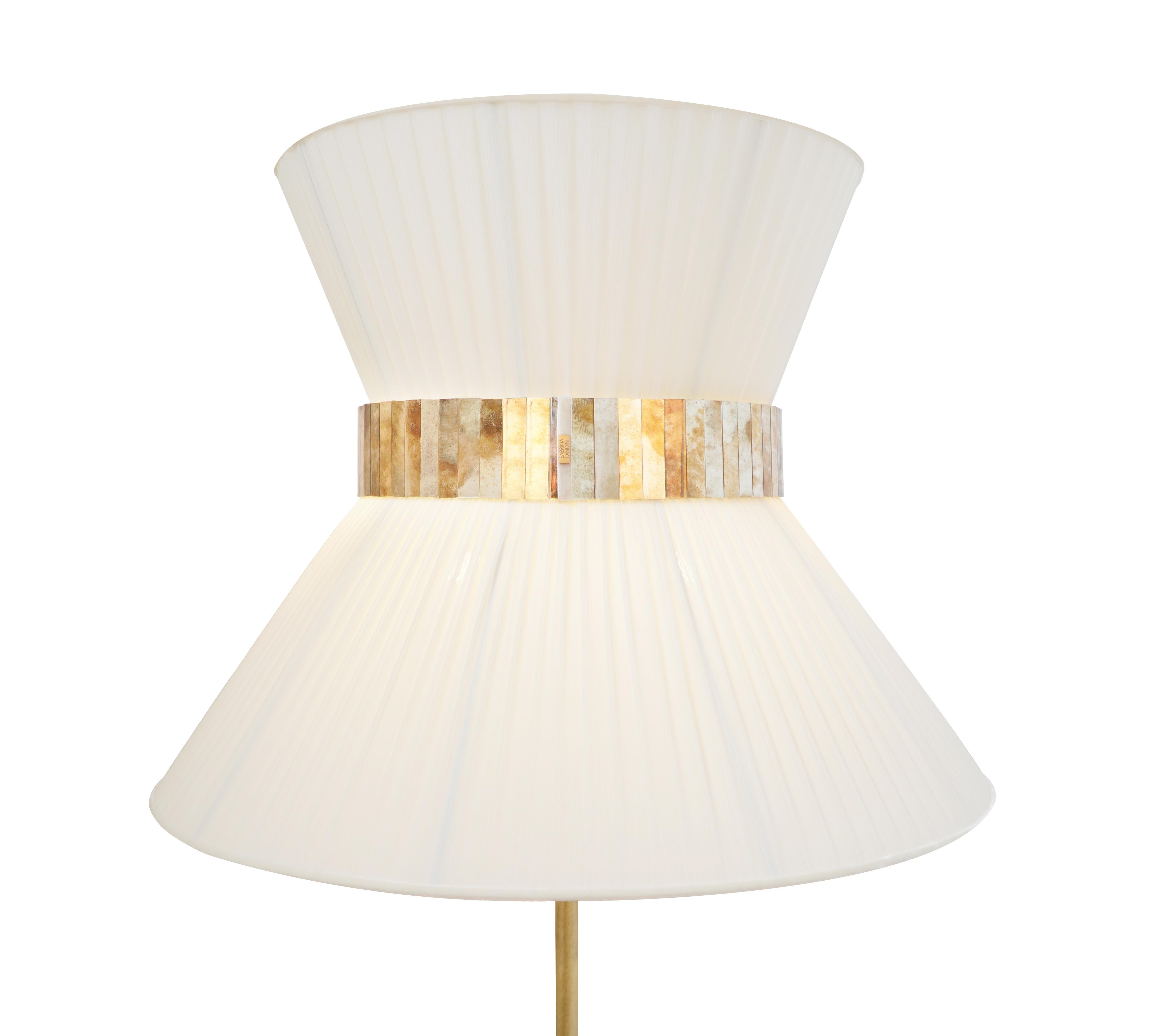Modern Tiffany Floor Lamp 80 Mat-Cream Silk, Antiqued Brass, Silvered Glass For Sale