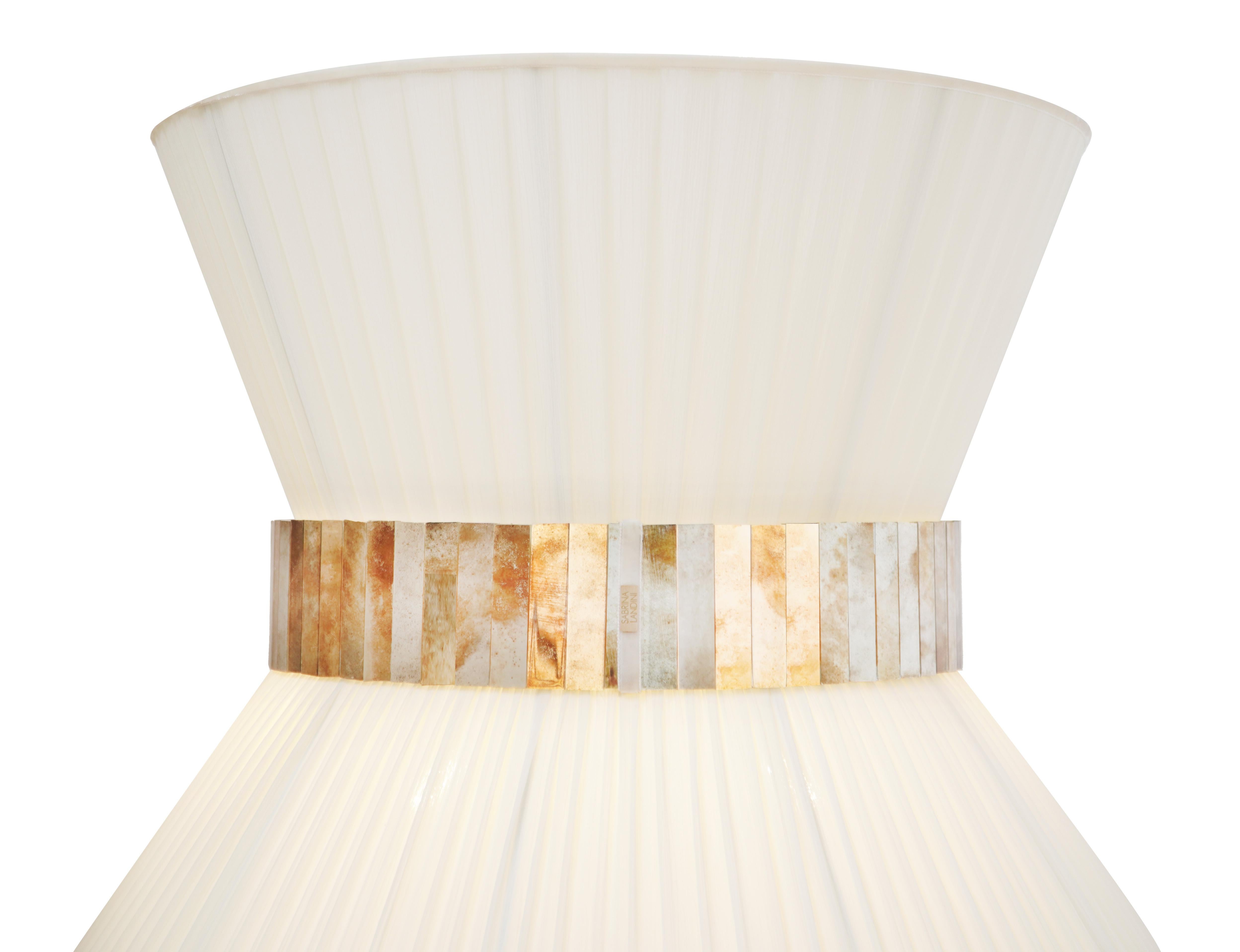 Italian Tiffany Floor Lamp 80 Mat-Cream Silk, Antiqued Brass, Silvered Glass For Sale