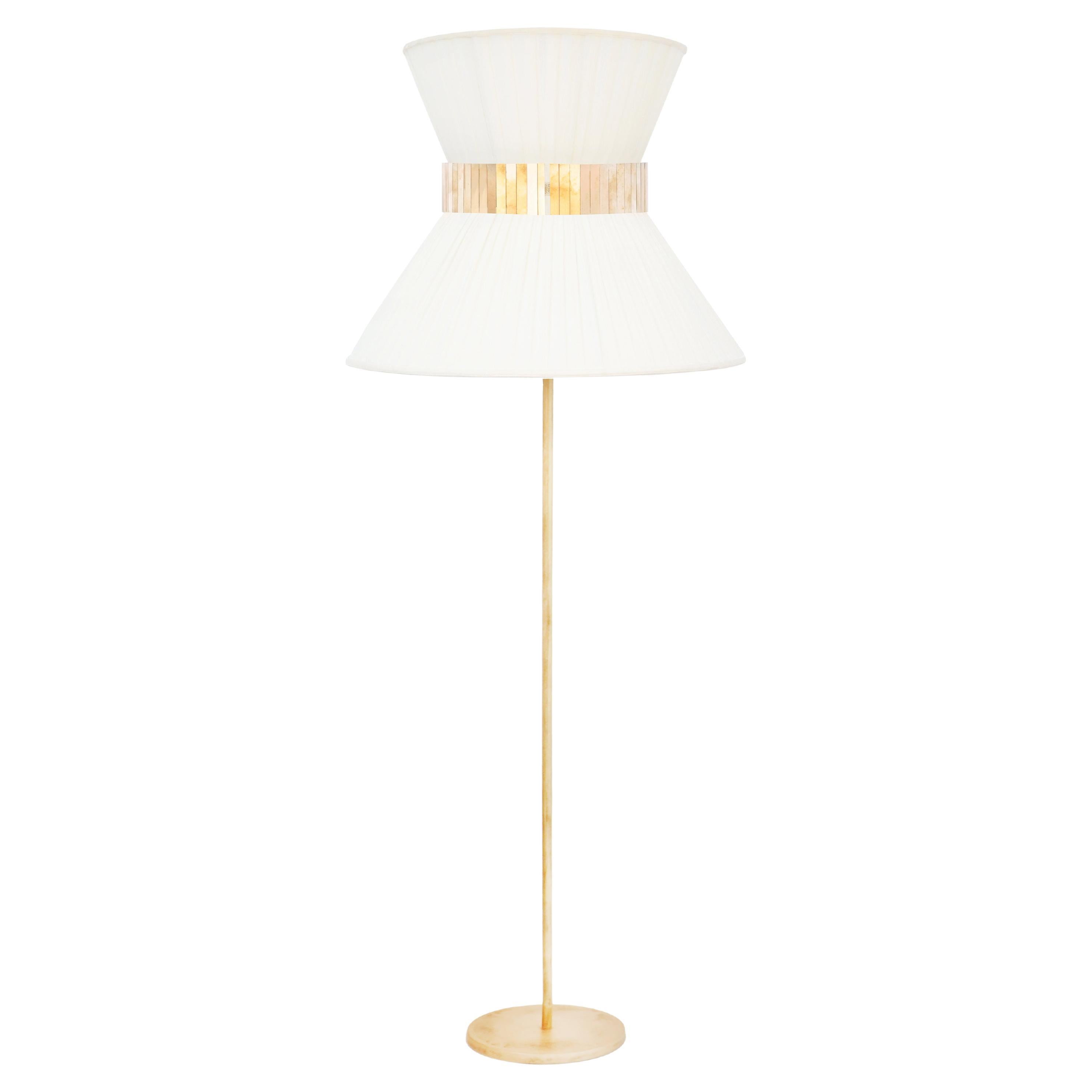 Lampadaire Tiffany 80 Mat-Cream en soie, laiton vieilli, verre argenté