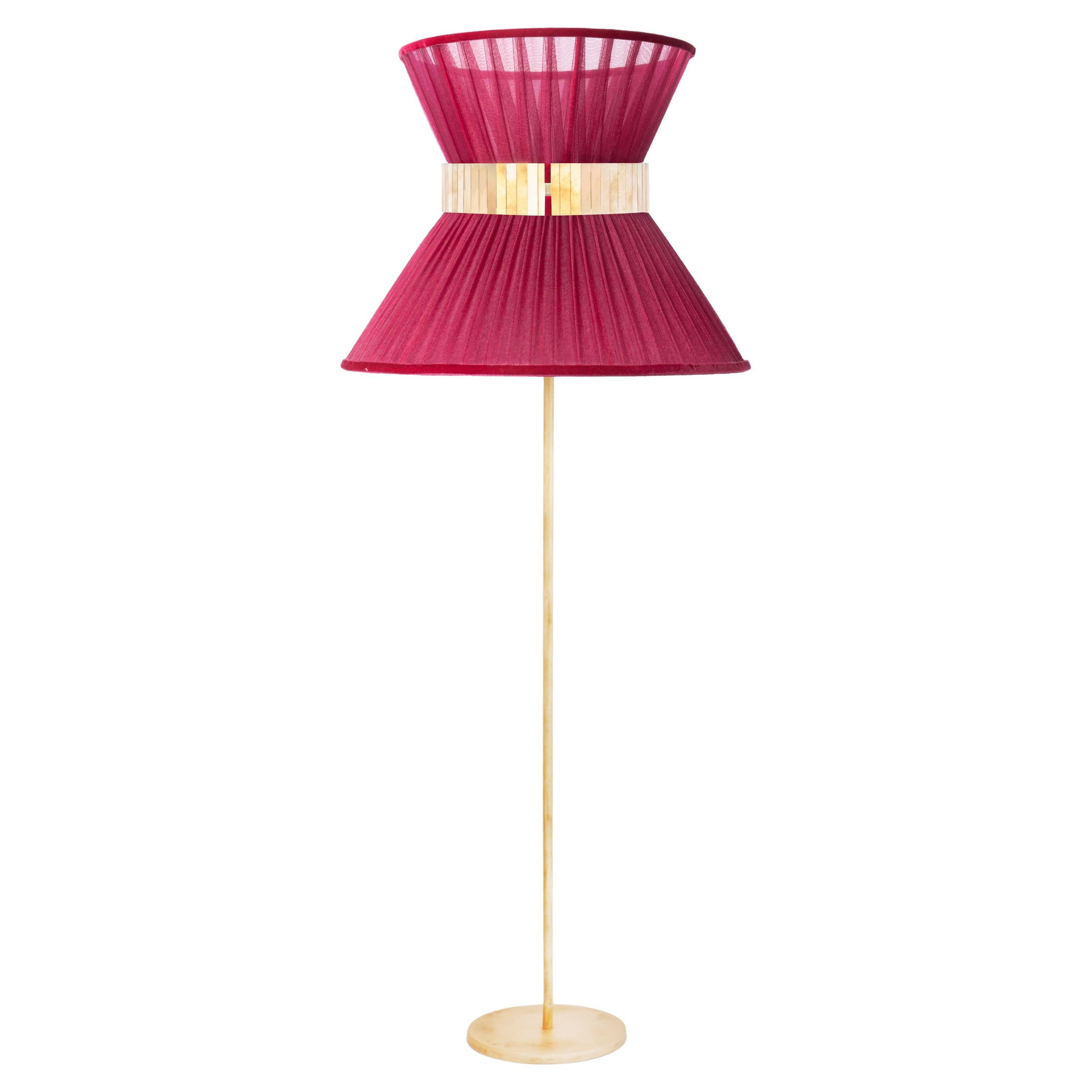 Tiffany Floor Lamp 80 Ruby Silk, Antiqued Brass, Silvered Glass