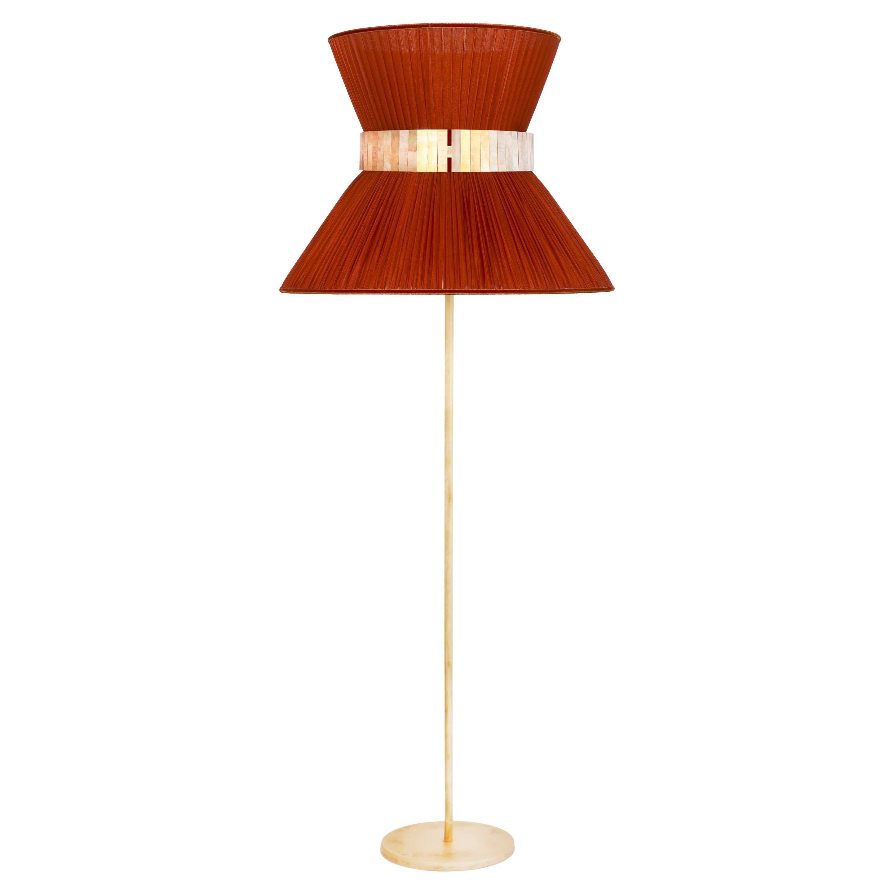 Tiffany Floor Lamp 60 Rust-Red Silk, Antiqued Brass, Silvered Glass