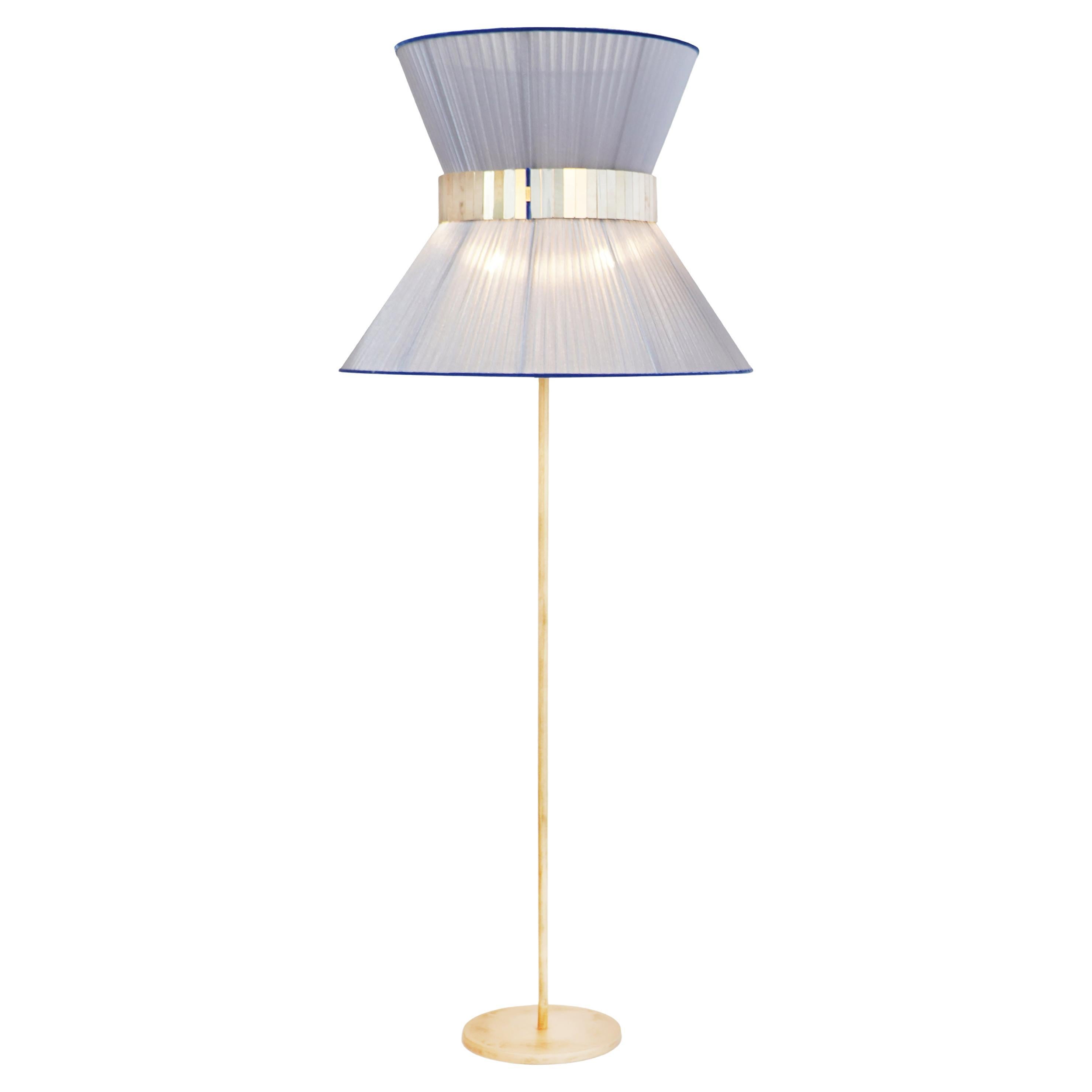 Lampadaire Tiffany 80 en soie bleue argentée, laiton vieilli, verre argenté en vente