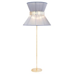 Tiffany Floor Lamp 80 Silver-Blue Silk, Antiqued Brass, Silvered Glass