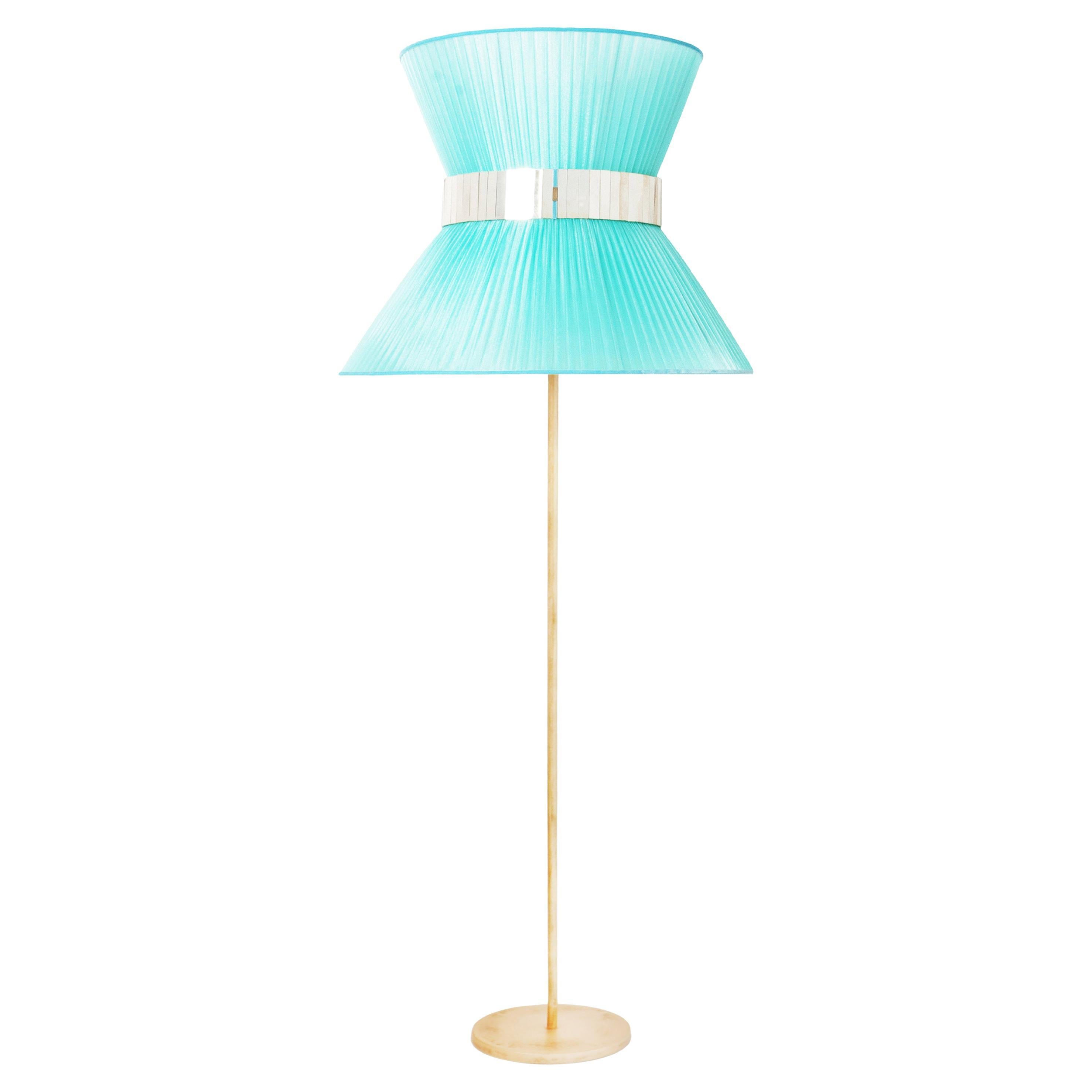 Stehlampe von Tiffany, 80er-Jahre, Türkis-Seiden, antikes Messing, versilbertes Glas im Angebot