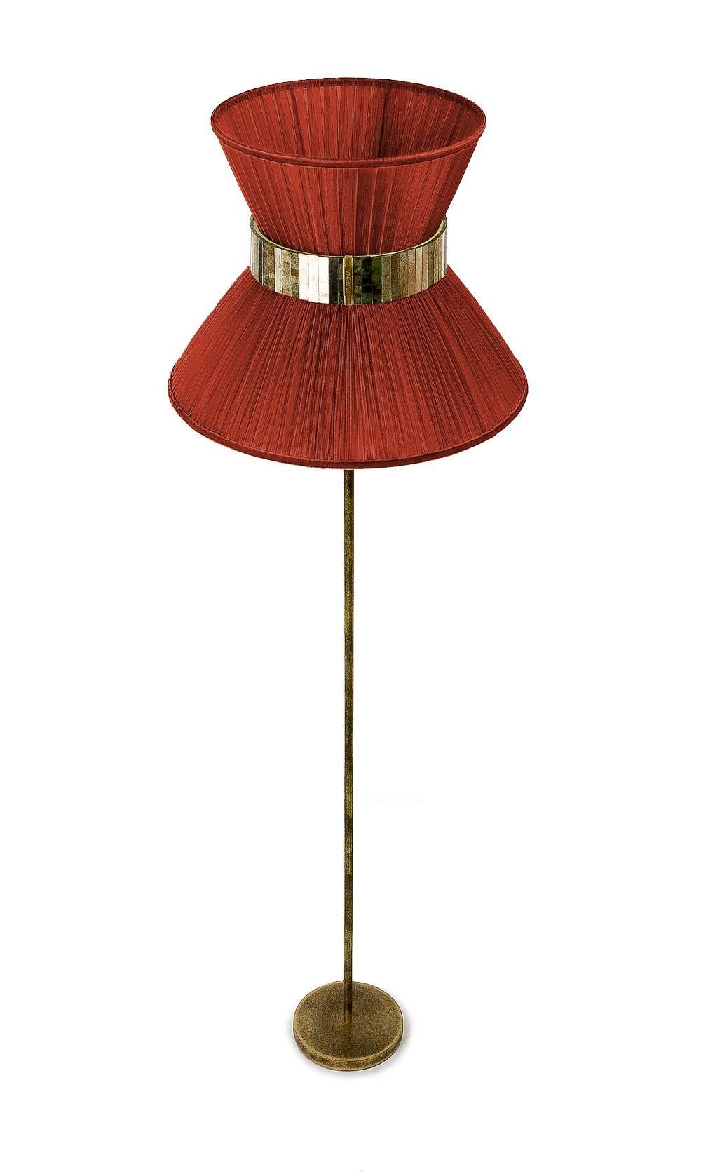 Modern Tiffany contemporary Floor Lamp 40 Rust Silk, Antiqued Brass, Silvered Glass   For Sale