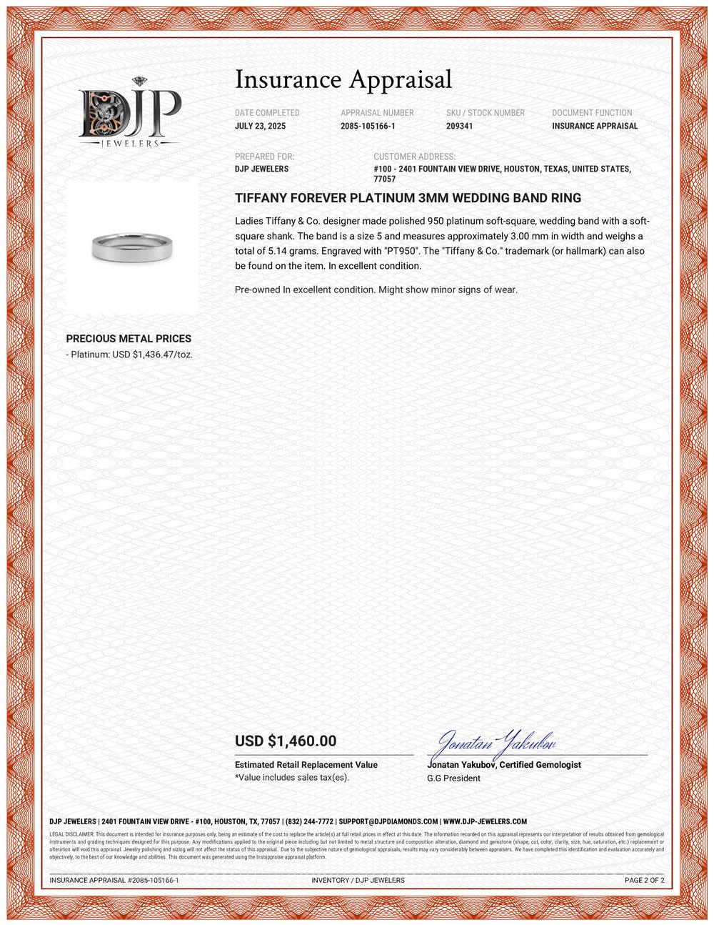 Anello Tiffany Forever Platinum 3MM Wedding Band in vendita 4
