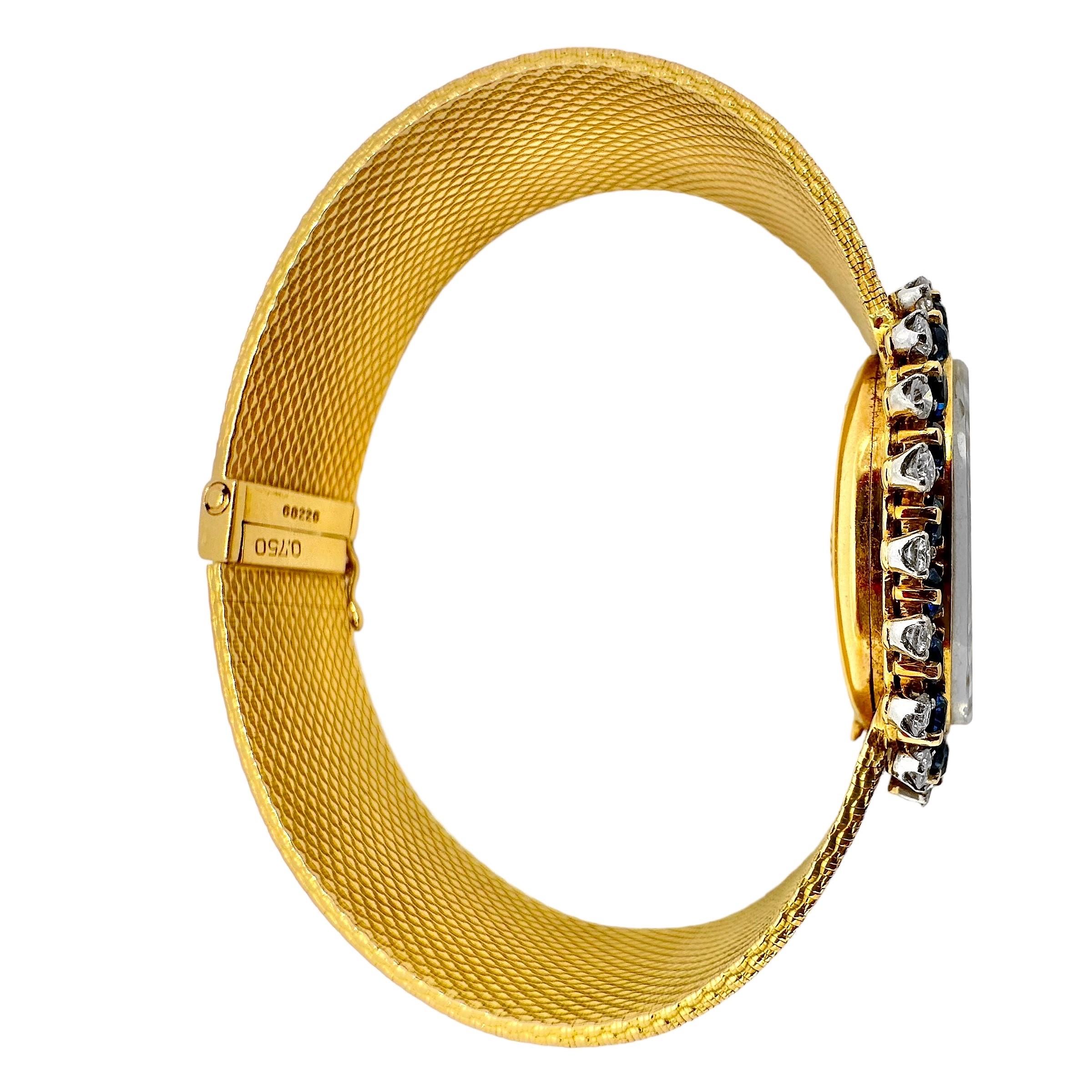 Modern Tiffany French 18k Yellow Gold, Diamond and Sapphire Back Wind Cocktail Watch For Sale