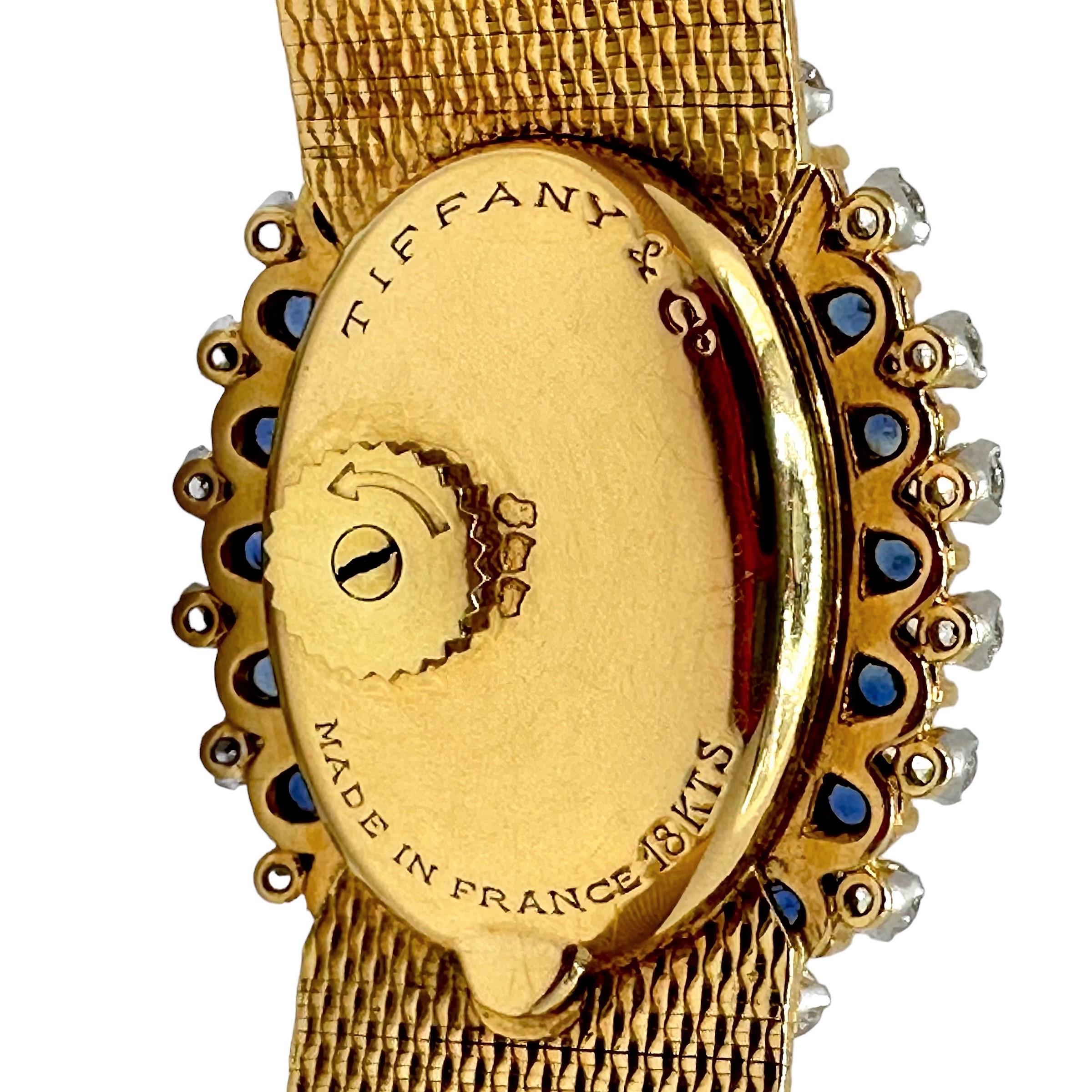 Tiffany French 18k Yellow Gold, Diamond and Sapphire Back Wind Cocktail Watch In Good Condition For Sale In Palm Beach, FL