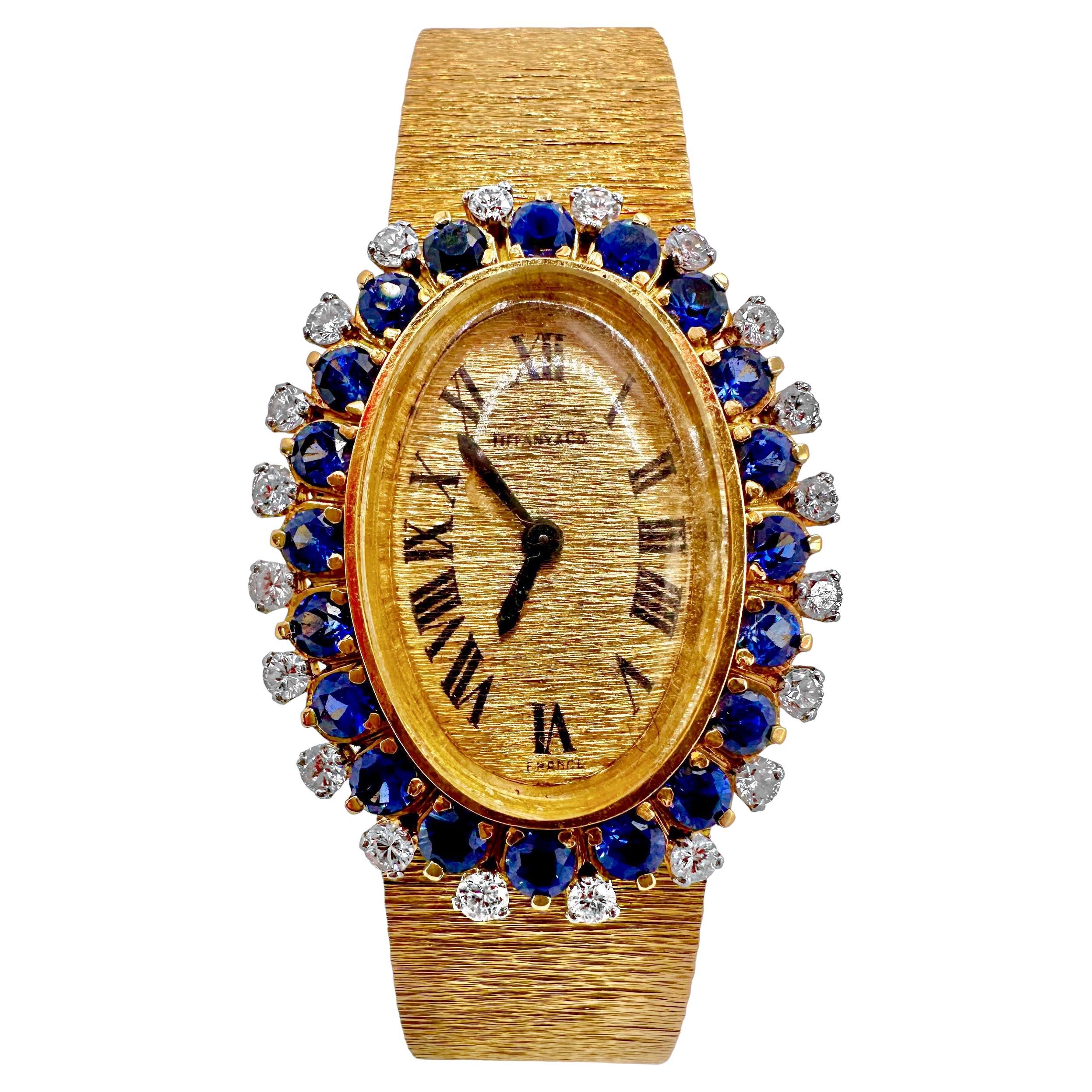 Tiffany French 18k Yellow Gold, Diamond and Sapphire Back Wind Cocktail Watch For Sale
