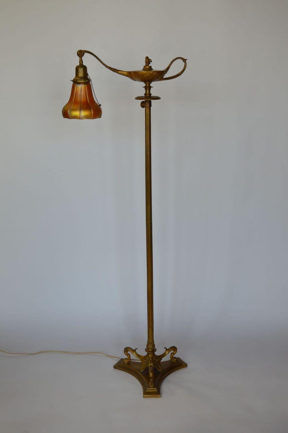 American Tiffany Gilt Bronze and Damascene Favrile Aladdin Floor Lamp For Sale