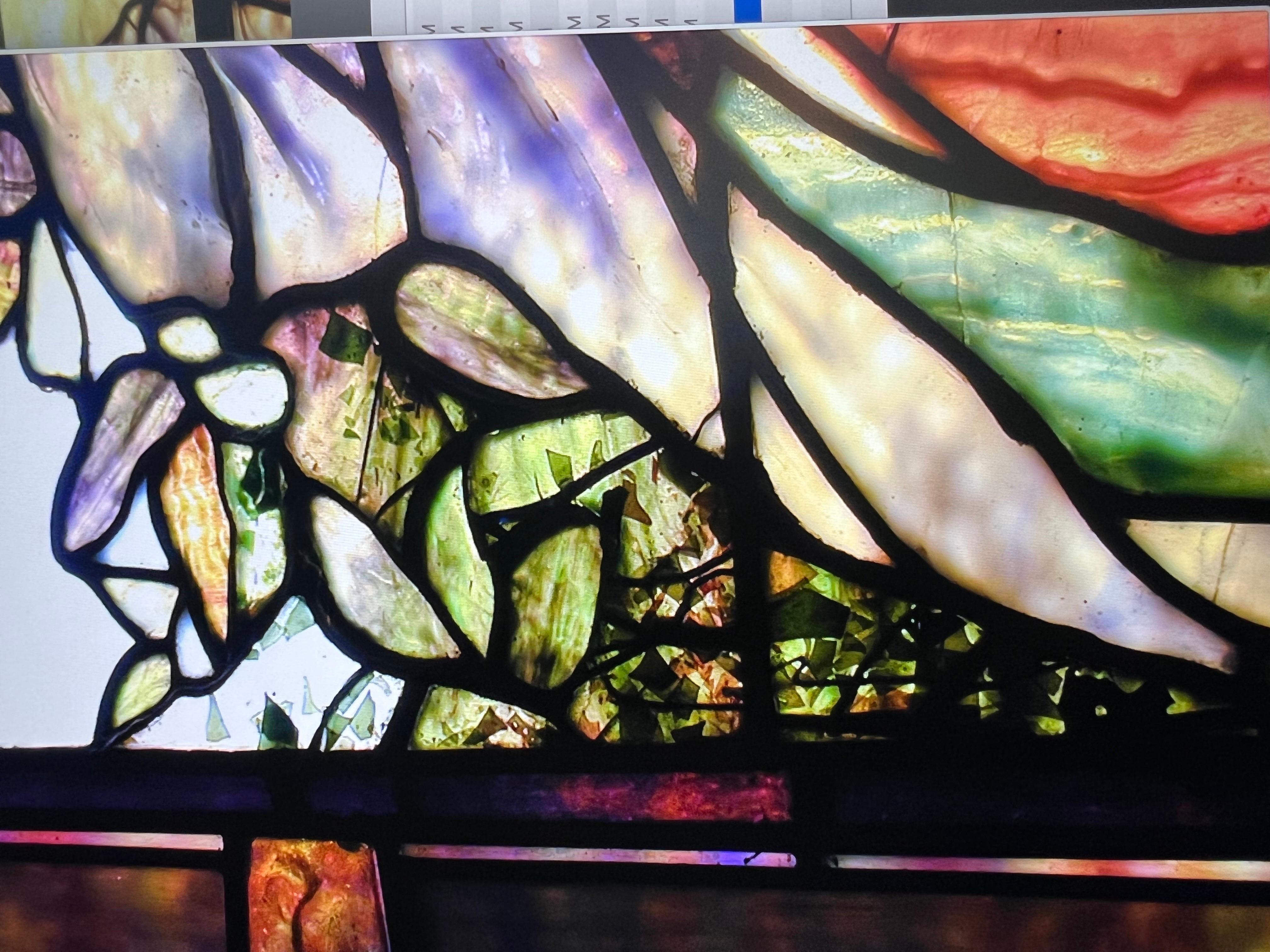 This beautiful window was purchased approximately 30 years ago for $35,000. It is a very nice example of Tiffany’s work during “Tiffany glass and decorating New York” during the late 1800s.

It is listed in the installations in the back of the